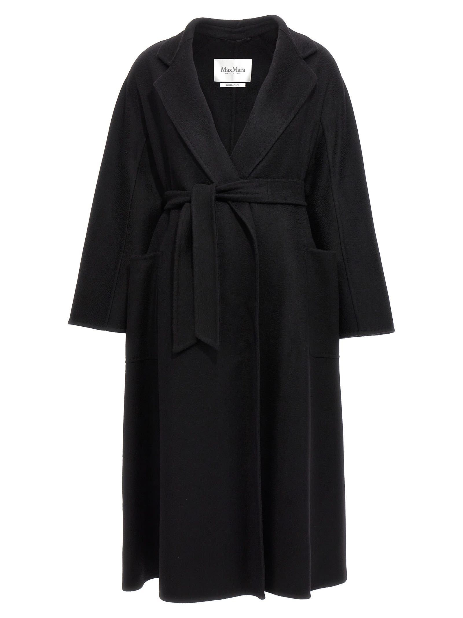 Max Mara Black Belted Long Coat With Notched Collar And Smooth Finish In Black