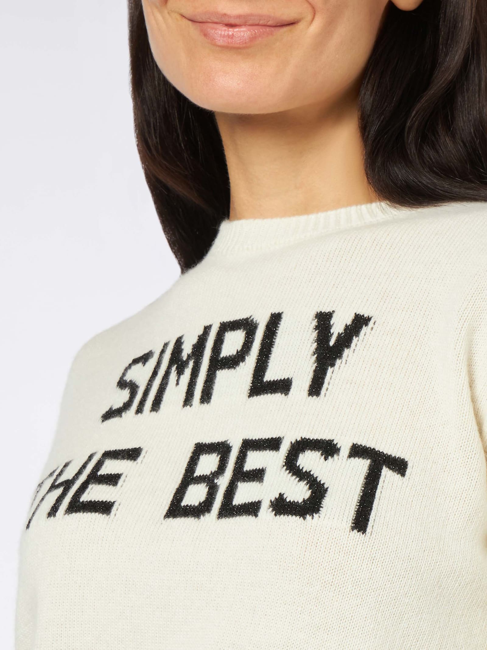 Mc2 Saint Barth Woman Crewneck White Sweater With Simply The Best Lurex Print Niki Dj Special Edition In White