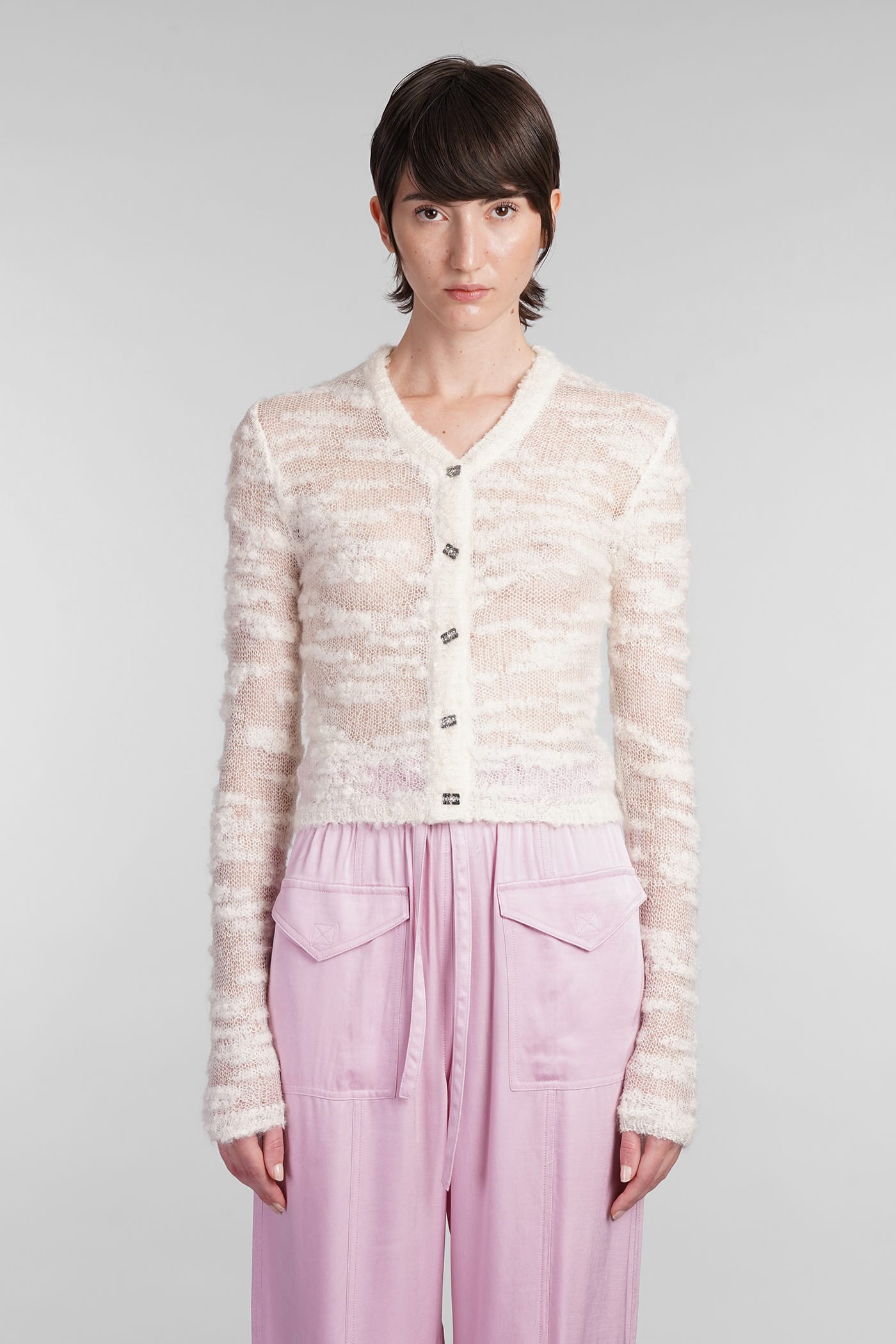 Shop Ganni Cardigan In Beige Mohair