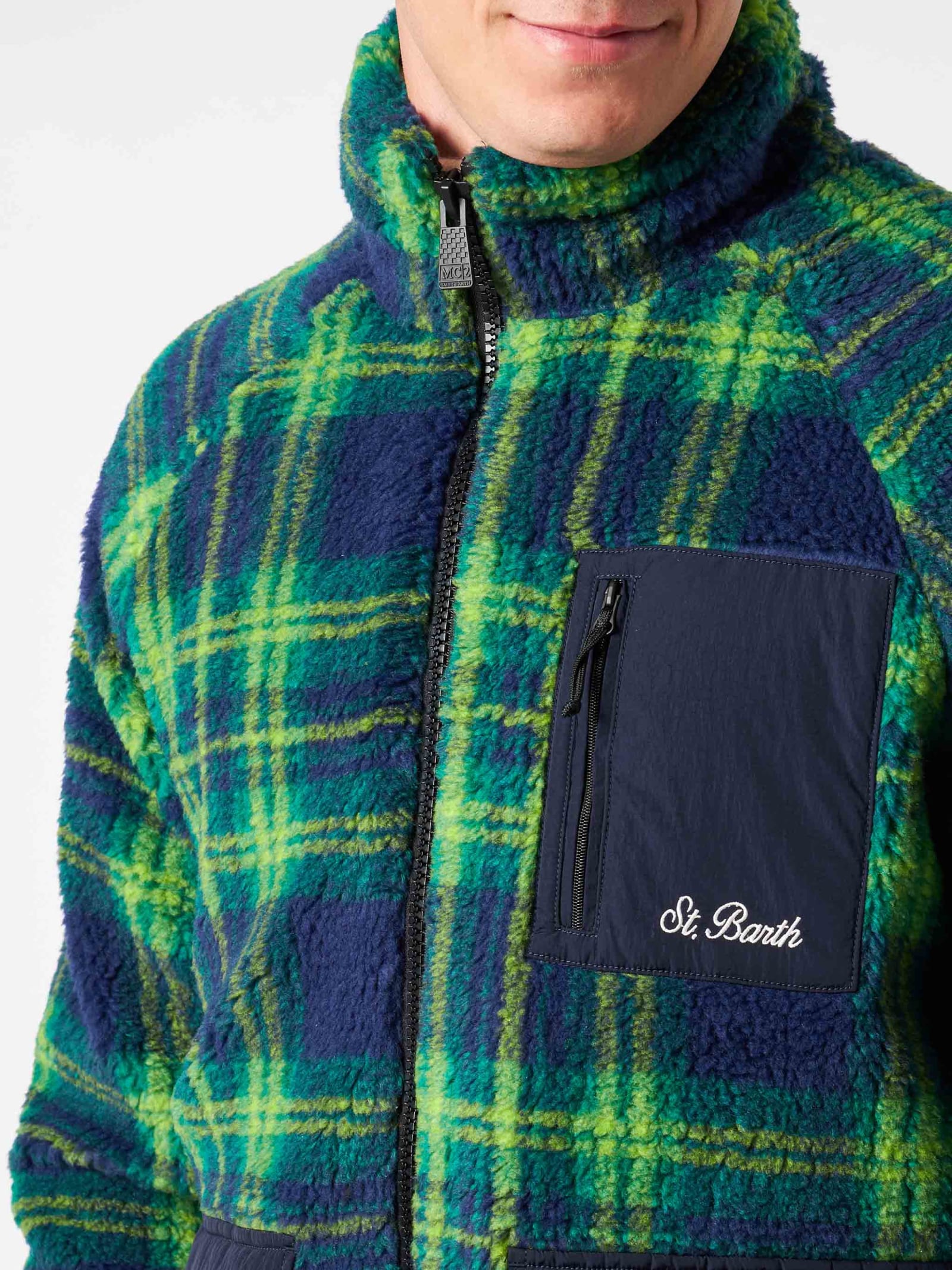 Shop Mc2 Saint Barth Man Sherpa Jacket With Tartan Print In Blue