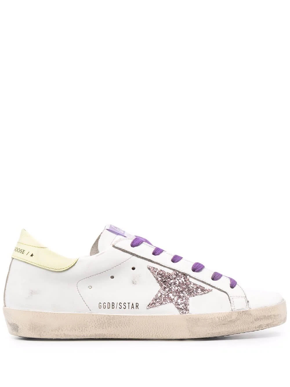 Golden Goose Woman White Super-star Sneakers With Glitter Star, Purple Laces And Light Yellow Spoiler