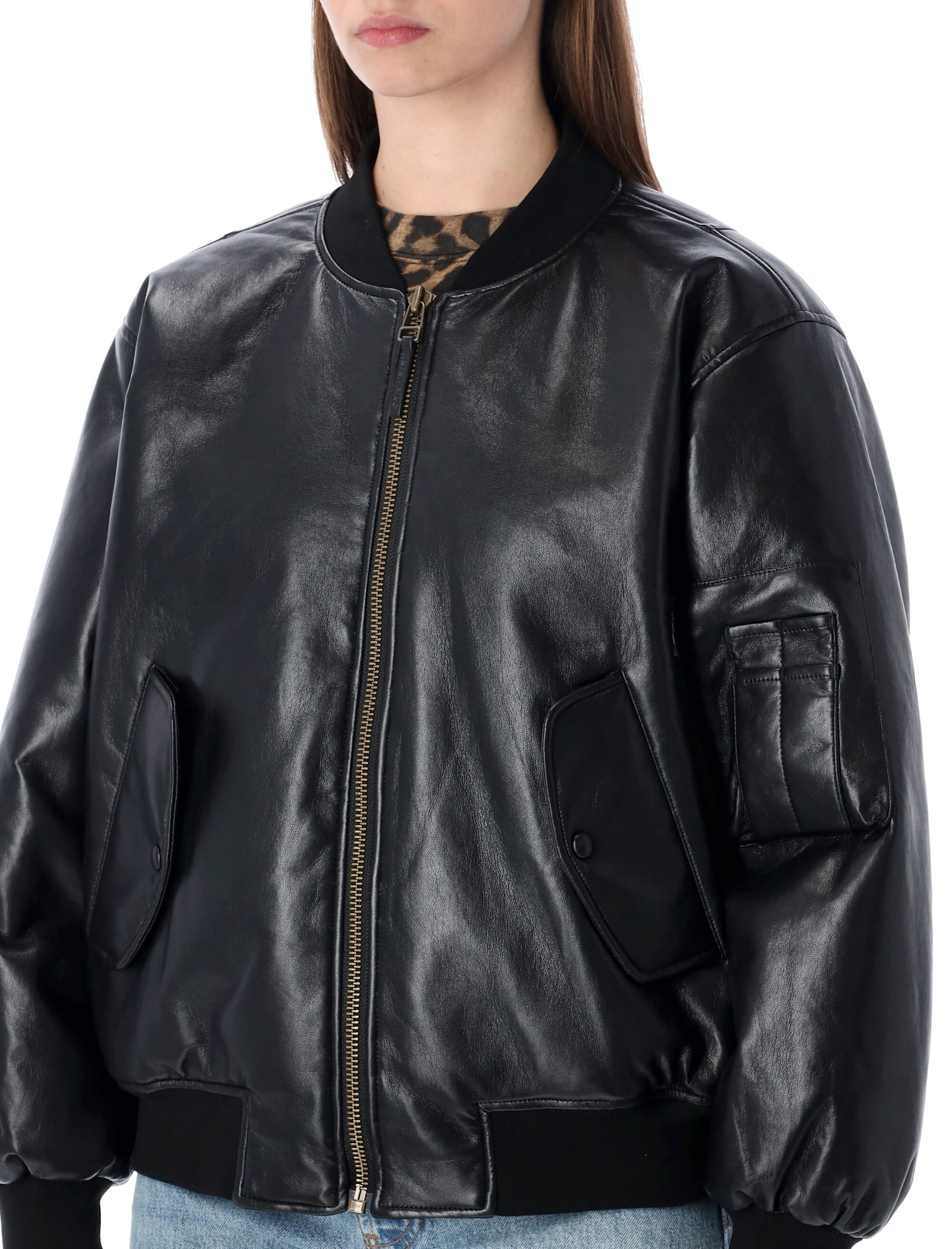 Anine Bing Leon Leather Bomber Jacket  In Black