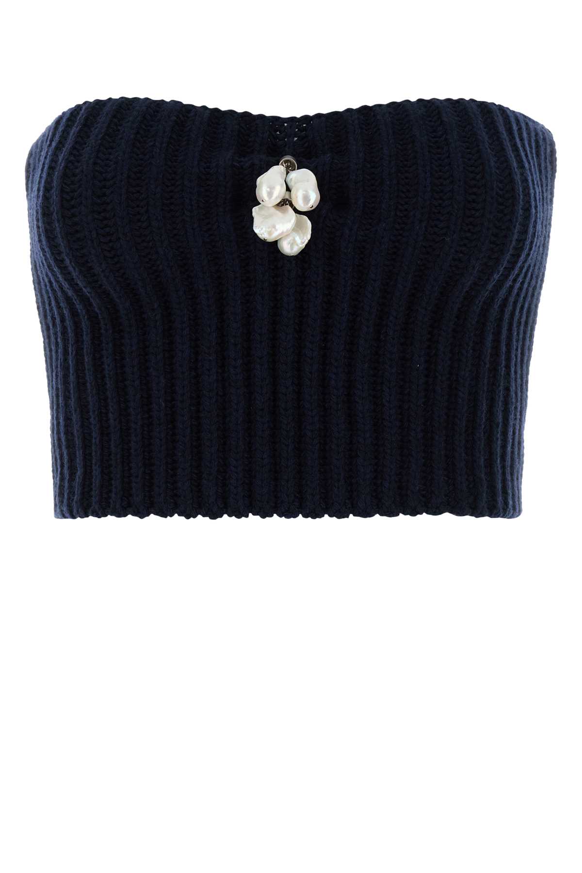 Prada Strapless Wool Blend Top Embellishment Detail In Blue