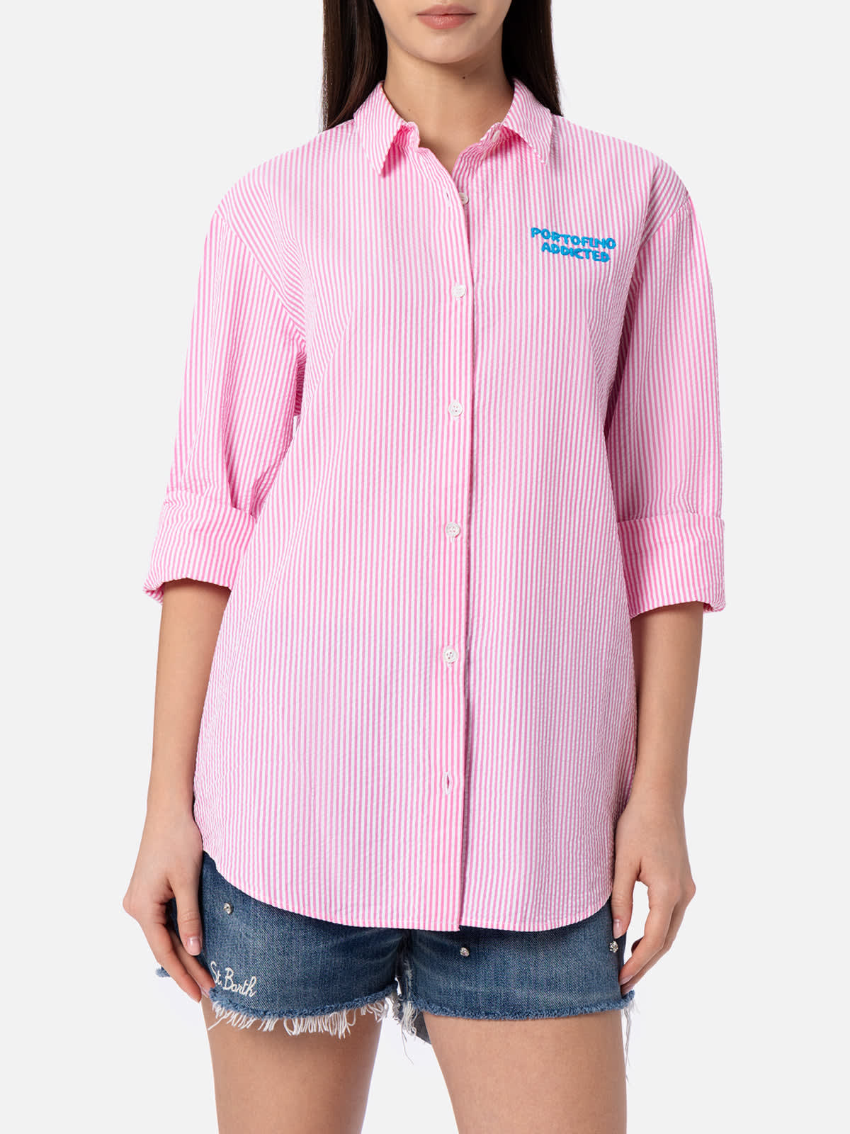 Shop Mc2 Saint Barth Woman Striped Seeruscker Cotton Over Shirt Brigitte With Front And Back Portofino Embroidery In Pink