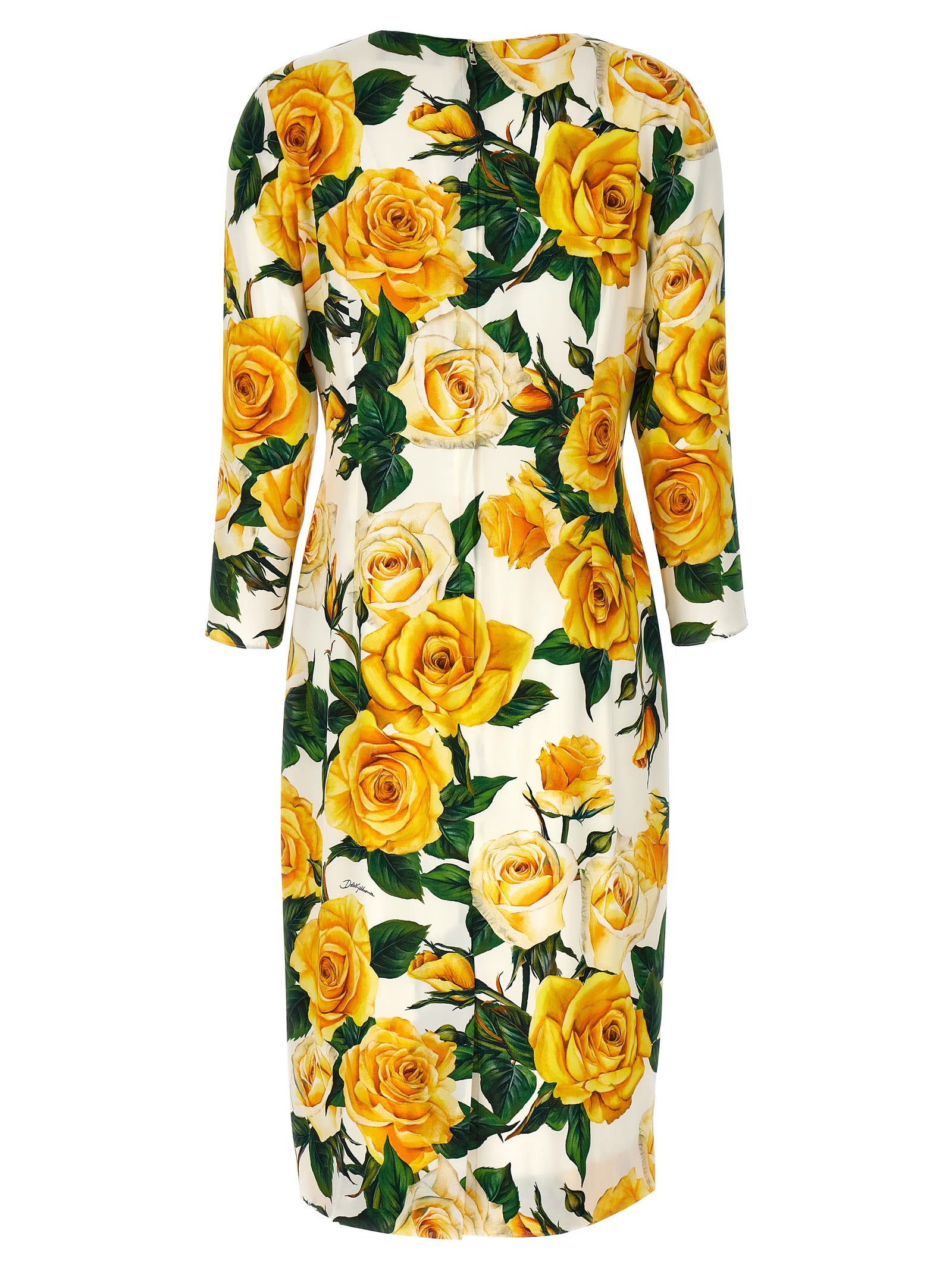 Shop Dolce & Gabbana Rose Gialle Midi Dress In Vo Fondo Bianco