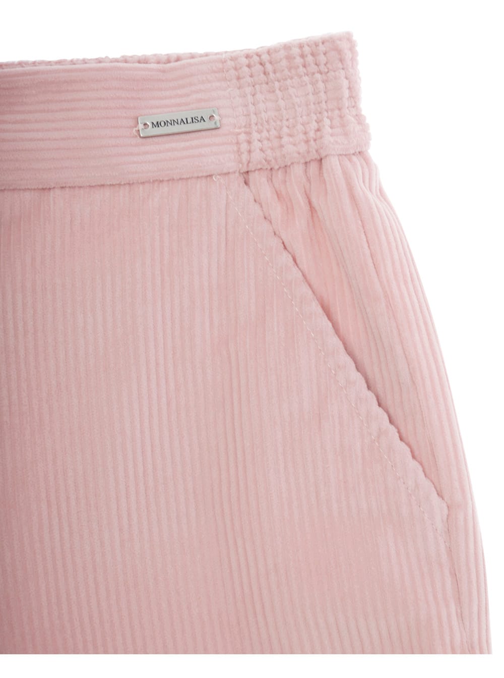 Monnalisa Pink Pants With Rear Elastic Waist And Logo Patch On The Front In Corduroy Girl In Pink