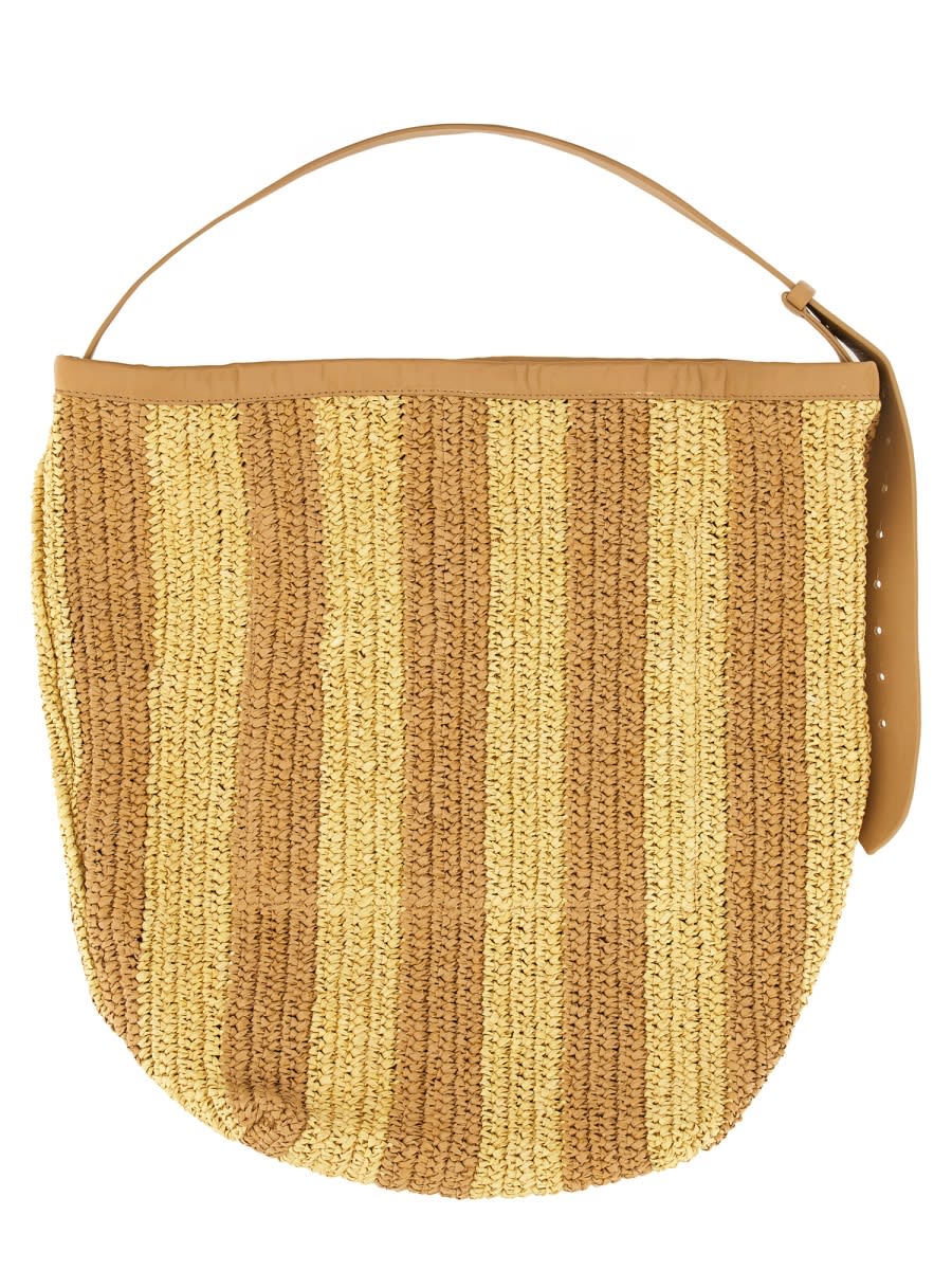 Alysi Textured Straw Bag With Leather Handle In Beige