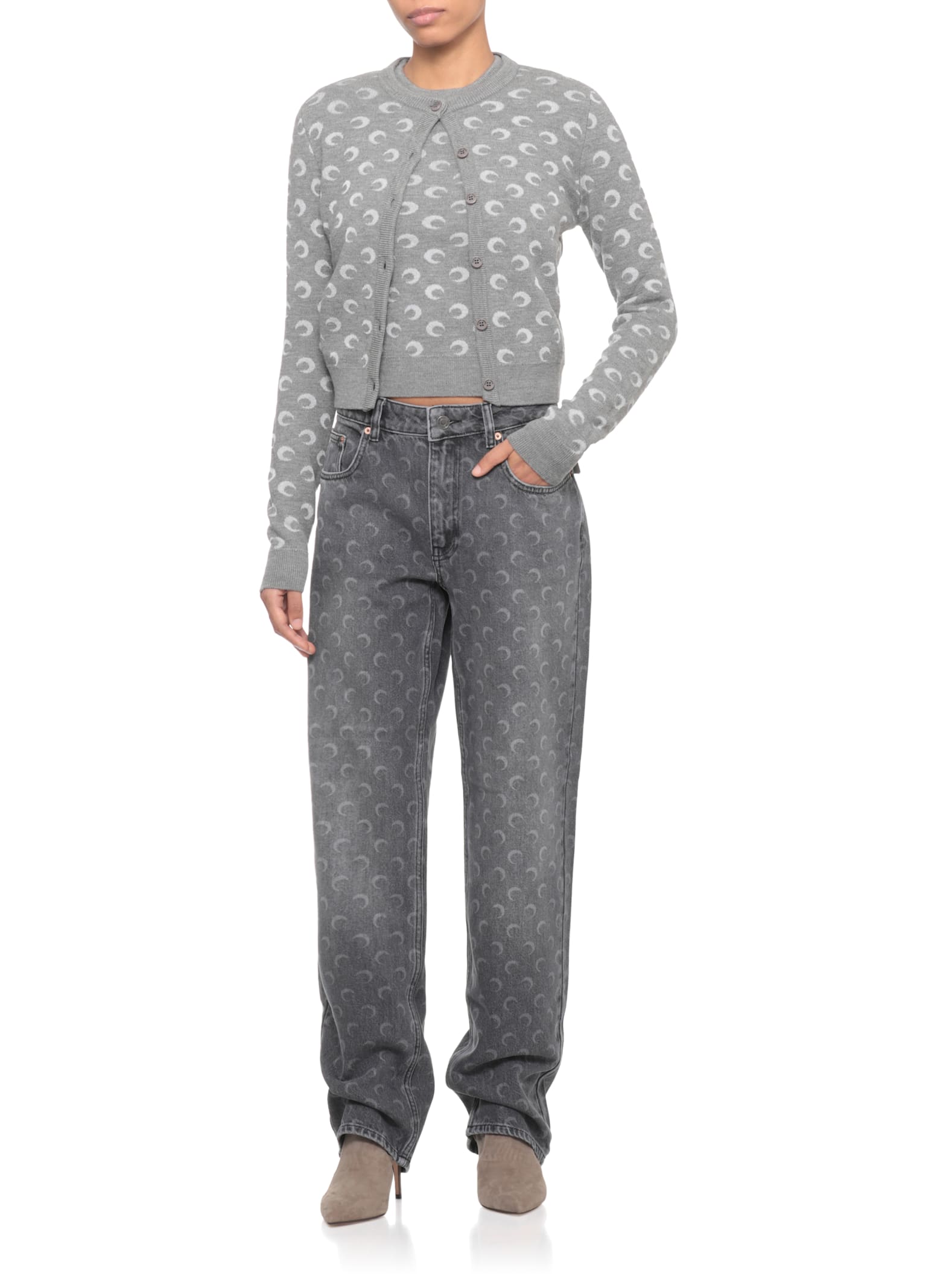 Marine Serre Crescent Moon Pattern Knit Cardigan In Gray