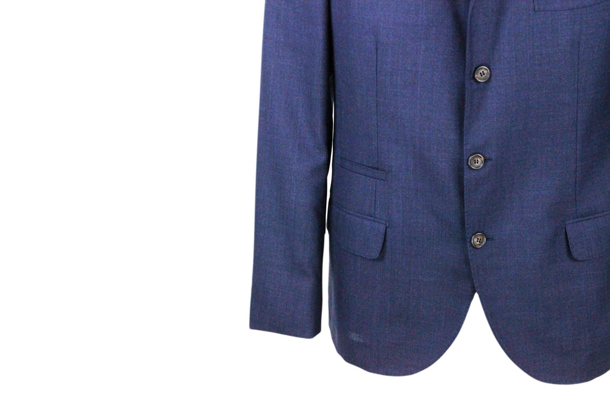 Shop Brunello Cucinelli 3-button Unlined Jacket In Cool Wool Canvas.the Buttons Are In Brown Horn In Blu
