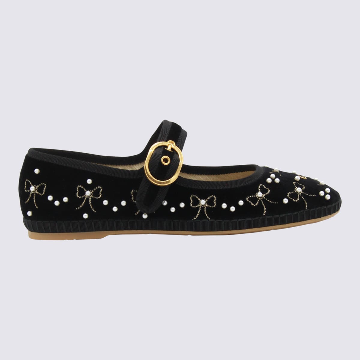 Valentino Endouce Embellished Grosgrain-trimmed Velvet Mary Jane Ballet Flats In Black