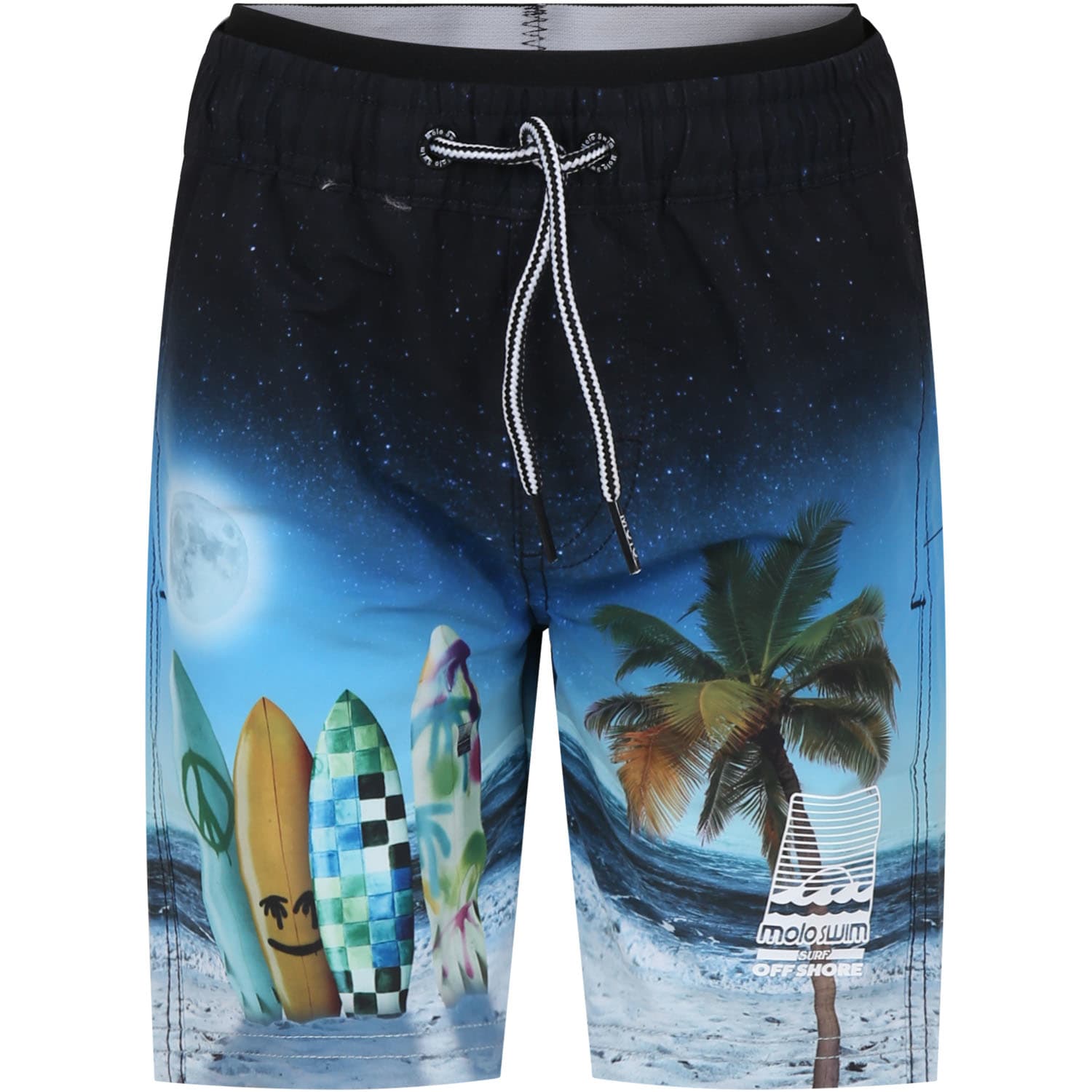 Molo Kids' Black Swim Shorts For Boy With Surfboard Print In Multicolor