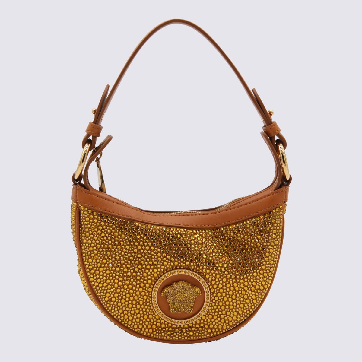 Shop Versace Caramel Viscose And Silk Blend Repeat Shoulder Bag In Caramel/ Gold