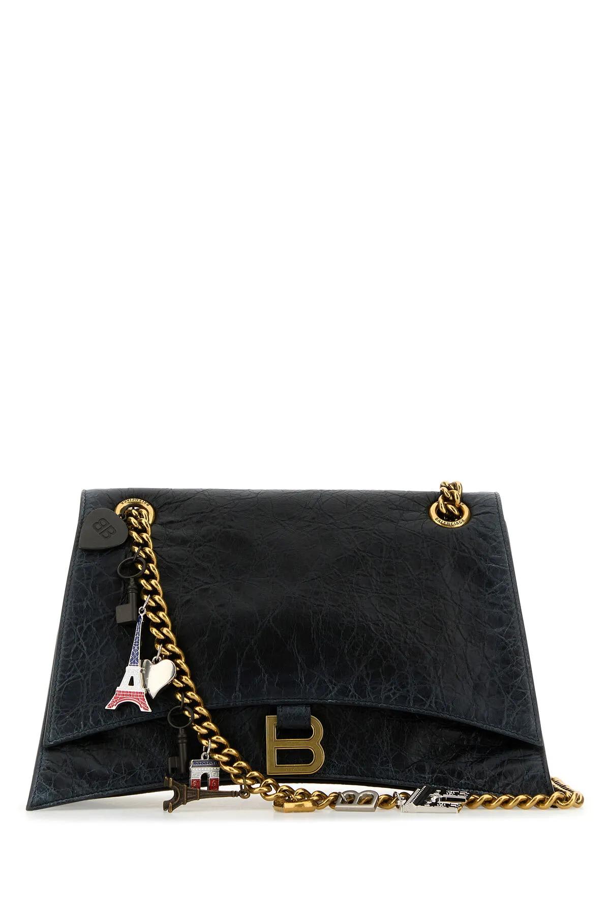 Balenciaga Black Leather Medium Crush Chain Shoulder Bag In Black