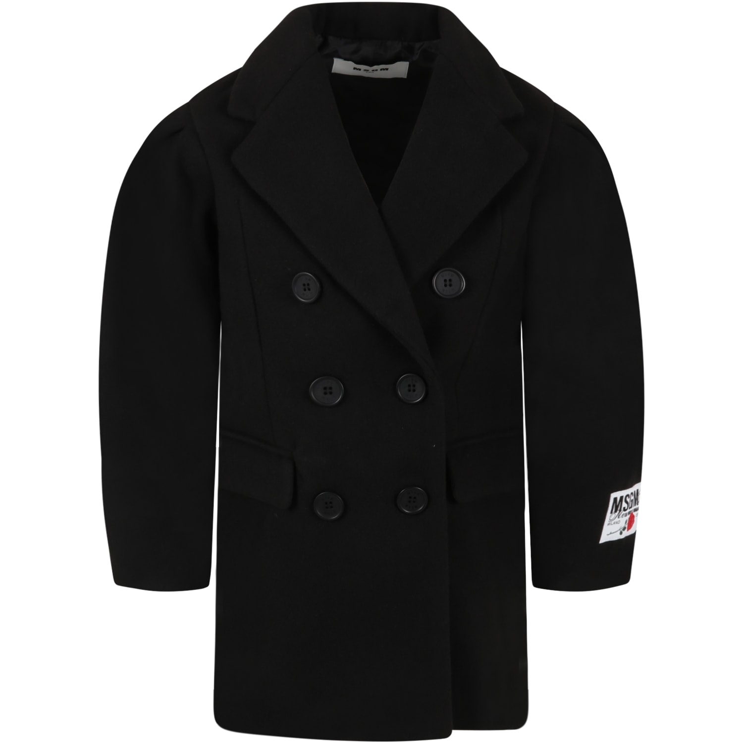 MSGM Black Coat For Kids With Patch Logo