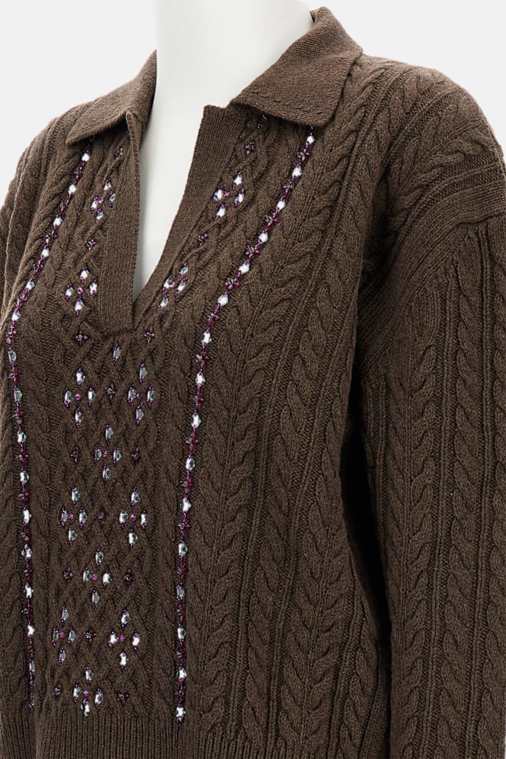 Des_phemmes Cable-knit Embellished Polo-neck Top In Brown