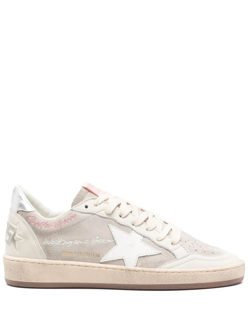 Golden Goose Ballstar Suede Upper Leather Toe Star And Spur Laminated Heel Shoes In Nacreous Cloud White Silver Platinum