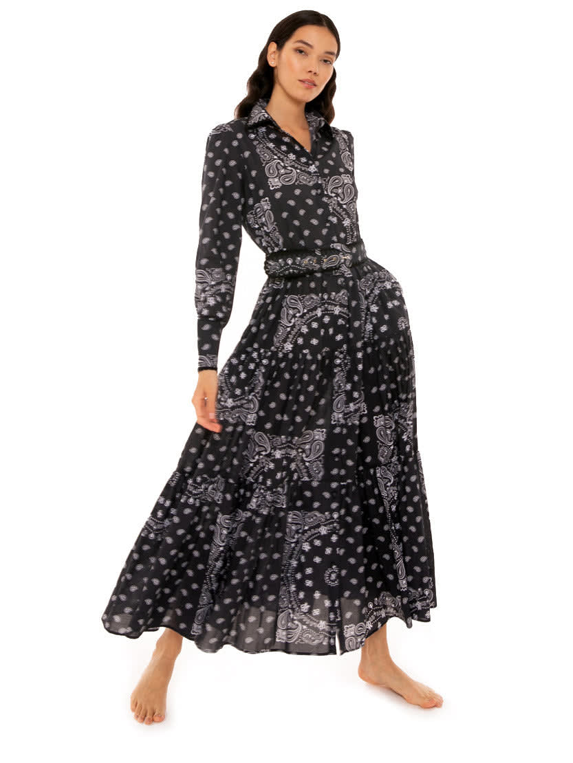 Mc2 Saint Barth Woman Cotton Long Dress With Bandanna Print In Black