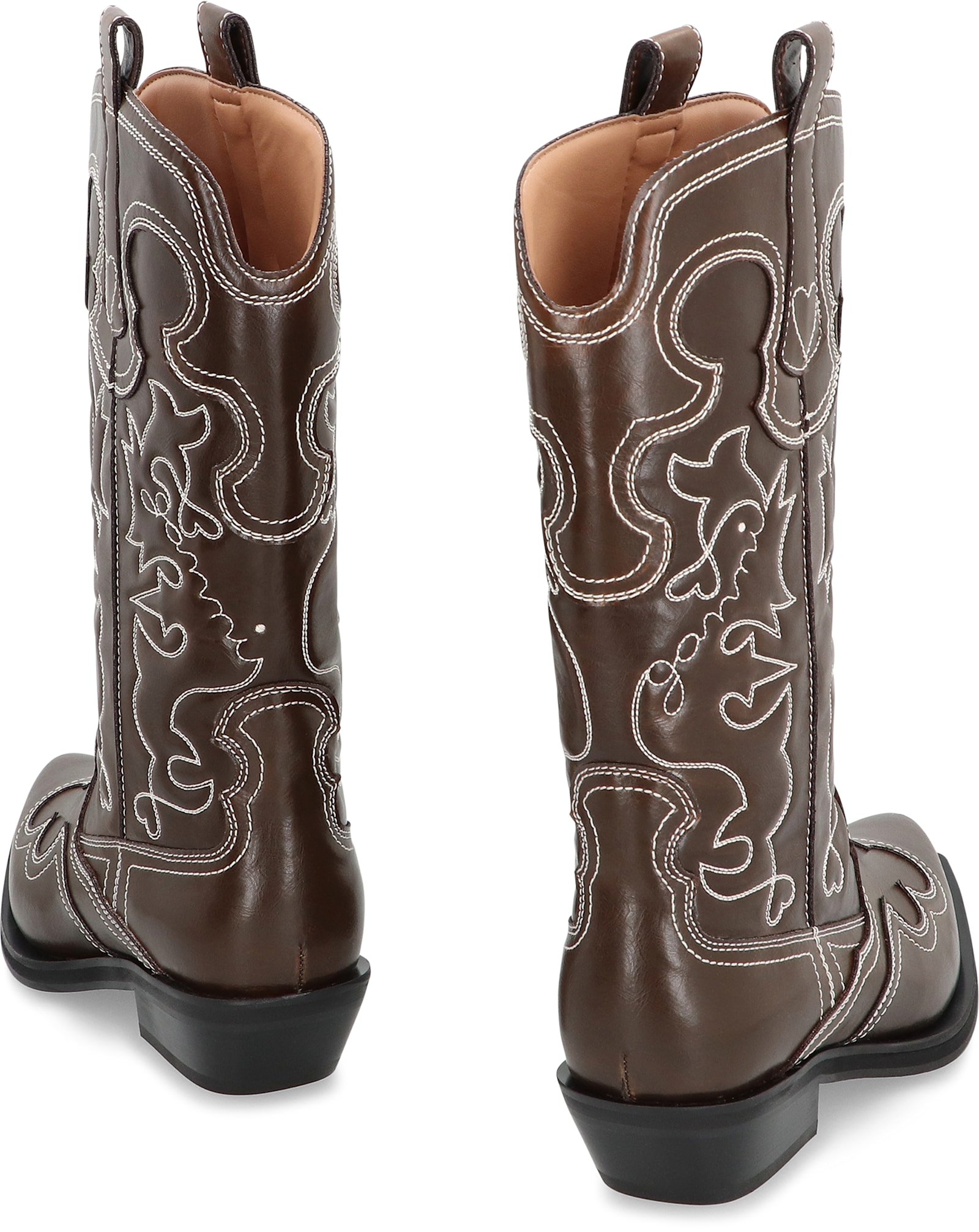 Ganni Shaft Boots With Cuban Heel And Decorative Stitching In Brown