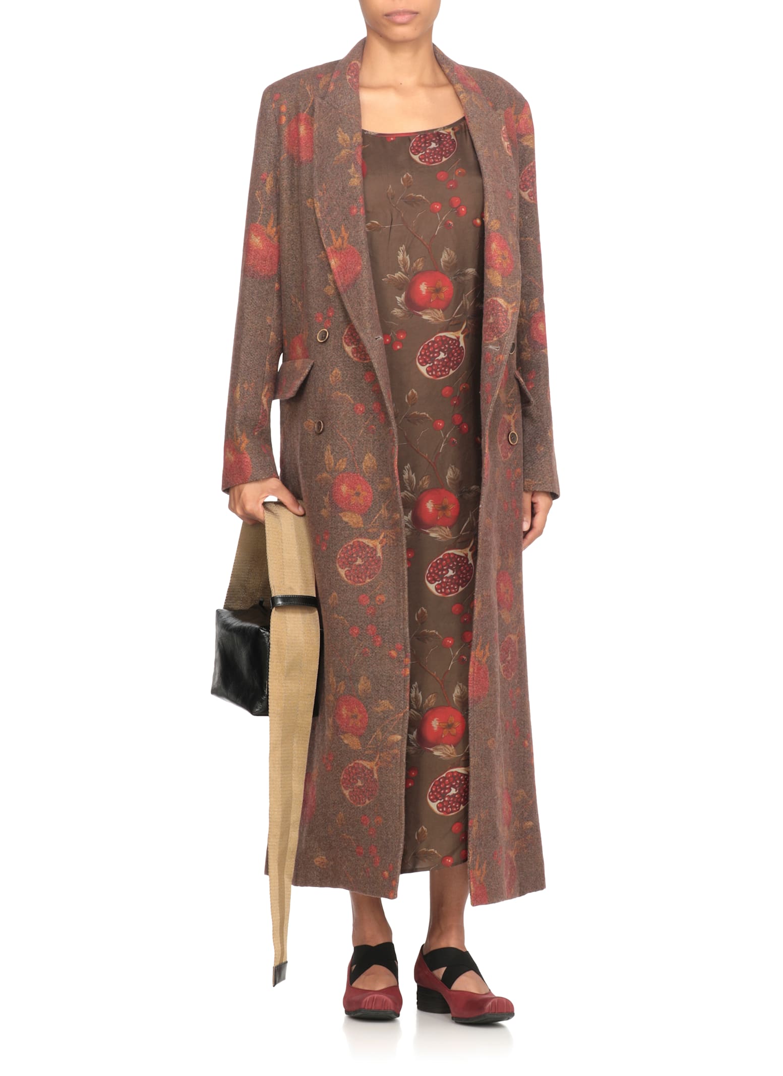 Uma Wang Midi Dress With Shoulder Straps And Floral Print In Brown