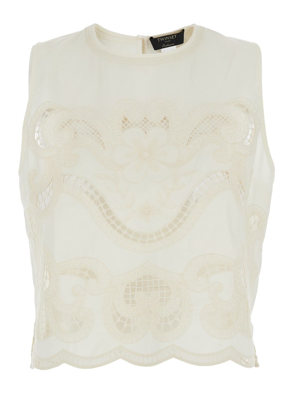 White Sleeveless Top With Front Embroidery And Scallop Hem In Cotton Woman