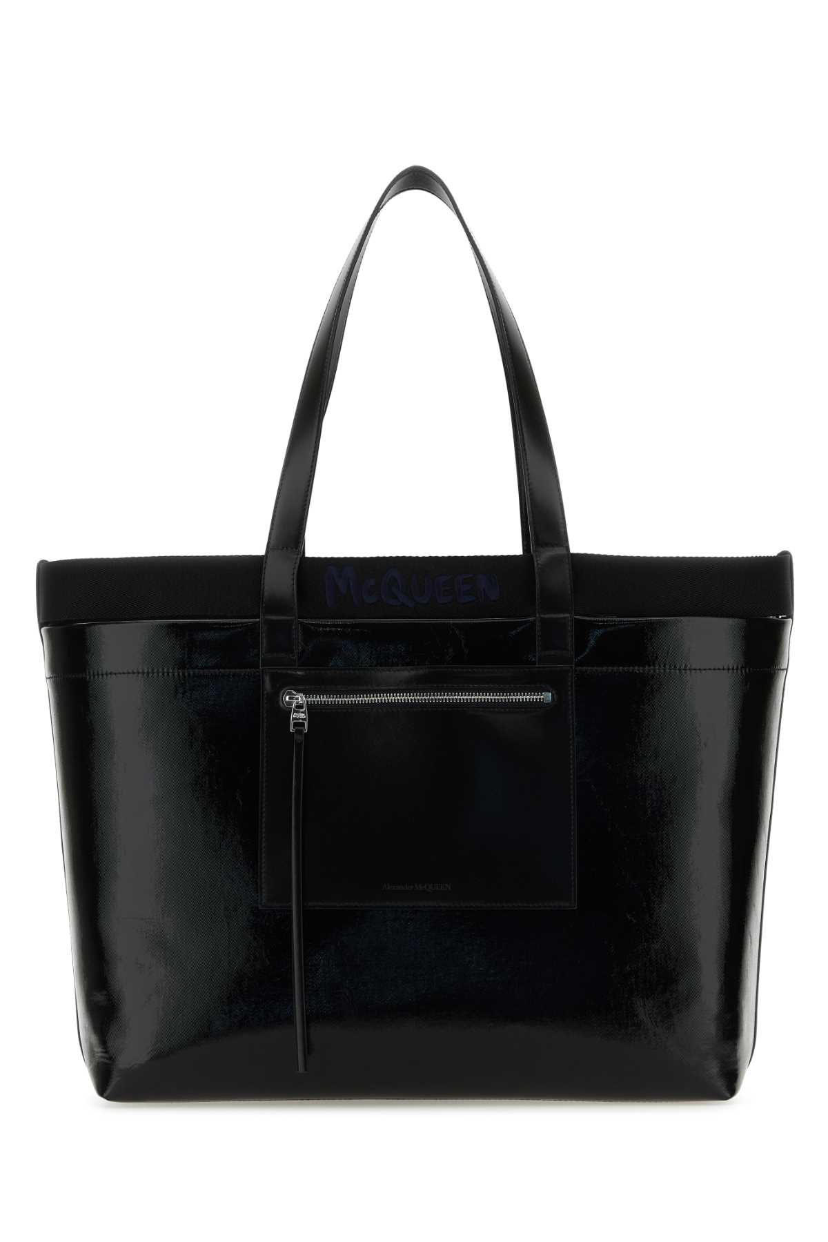 Shop Alexander Mcqueen Black Canvas Shopping Bag In Blackblue