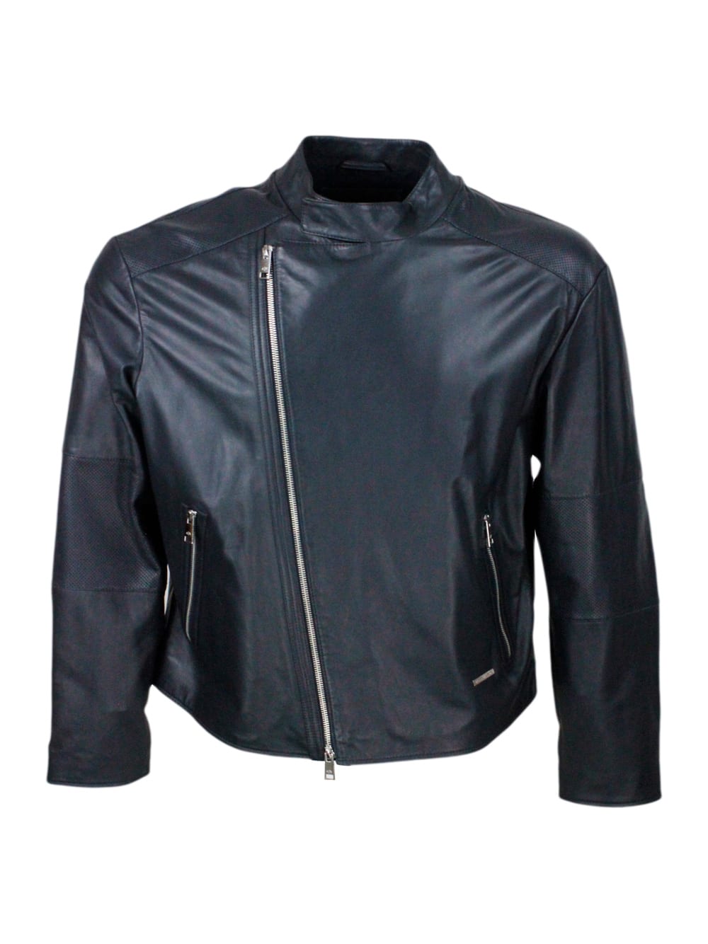 Jacket With Zip Closure Made Of Soft Lambskin With Perforated Leather Details. Zip On Pockets And Cuffs