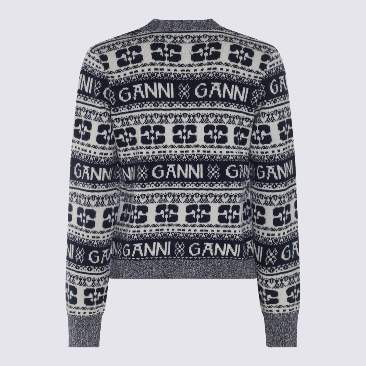 Shop Ganni Navy Blue And White Wool Blend Cardigan In Sky Captain