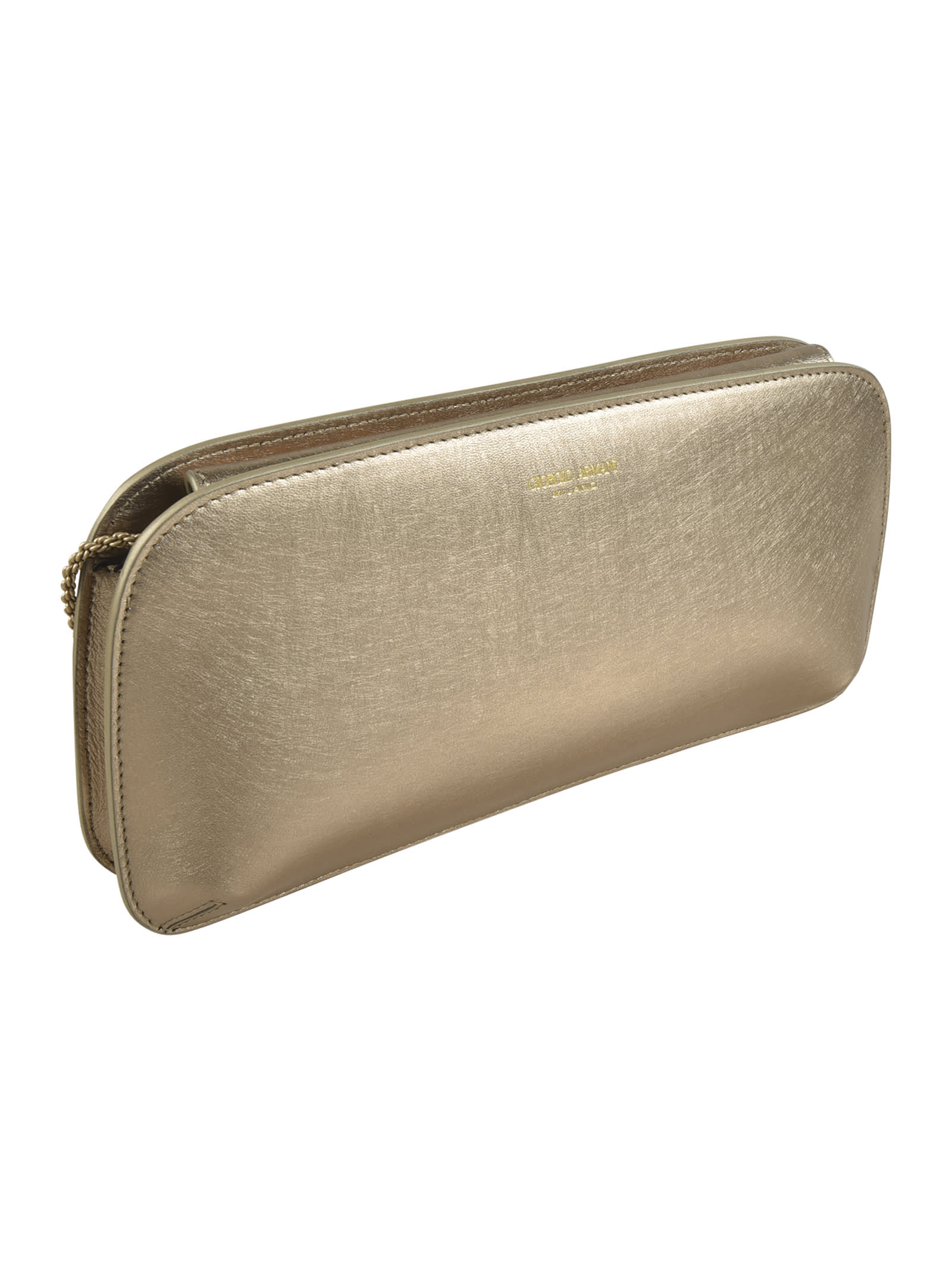Giorgio Armani Laminated Chain Logo Clutch In Gold