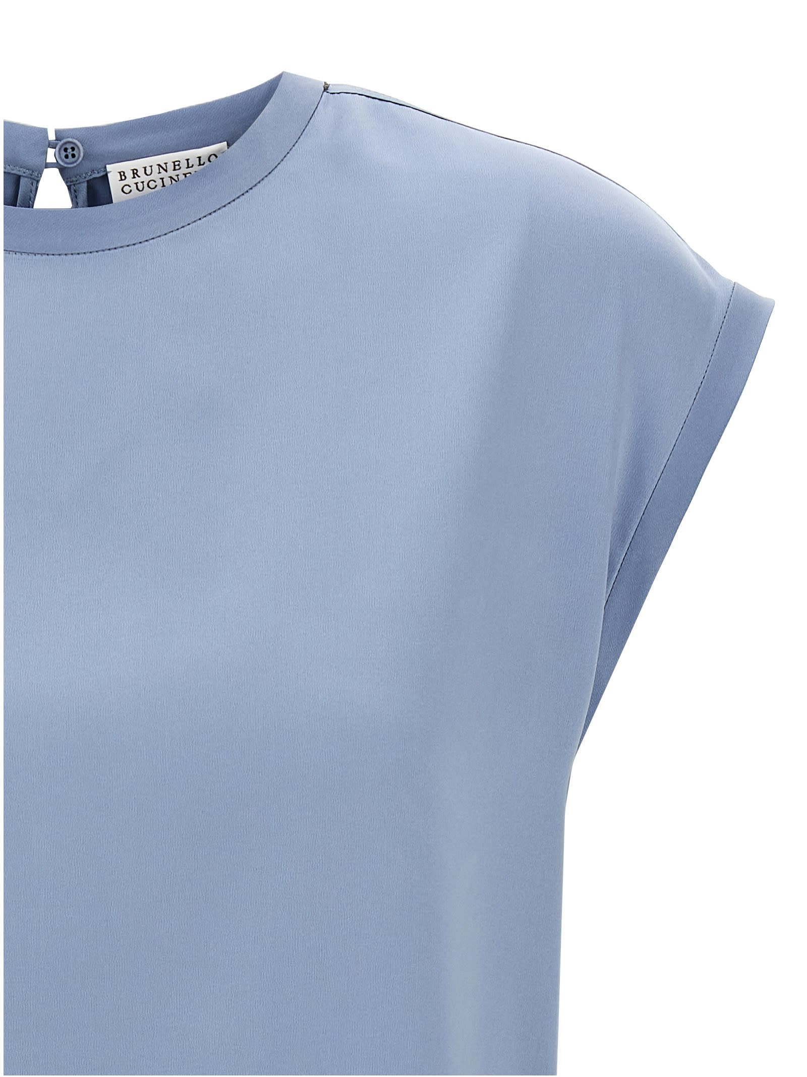 Brunello Cucinelli Silk Cap Sleeve T-shirt With Keyhole Back In Blue