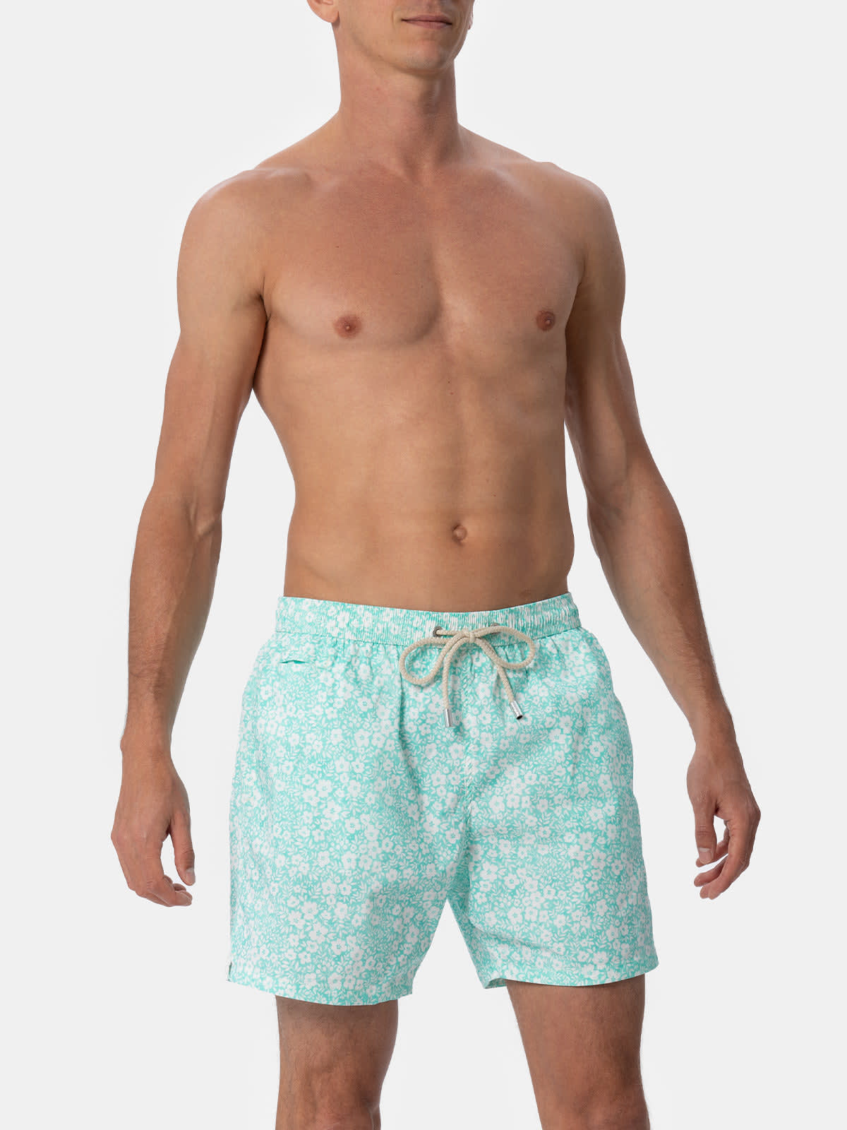 Mc2 Saint Barth Man Comfort Light Swim Shorts With Flower Print In Green