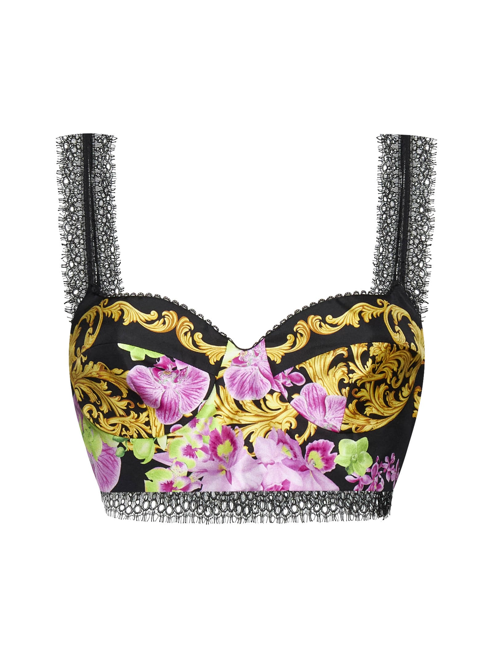 Versace Lace-Trimmed Printed Silk-Twill Bustier Top