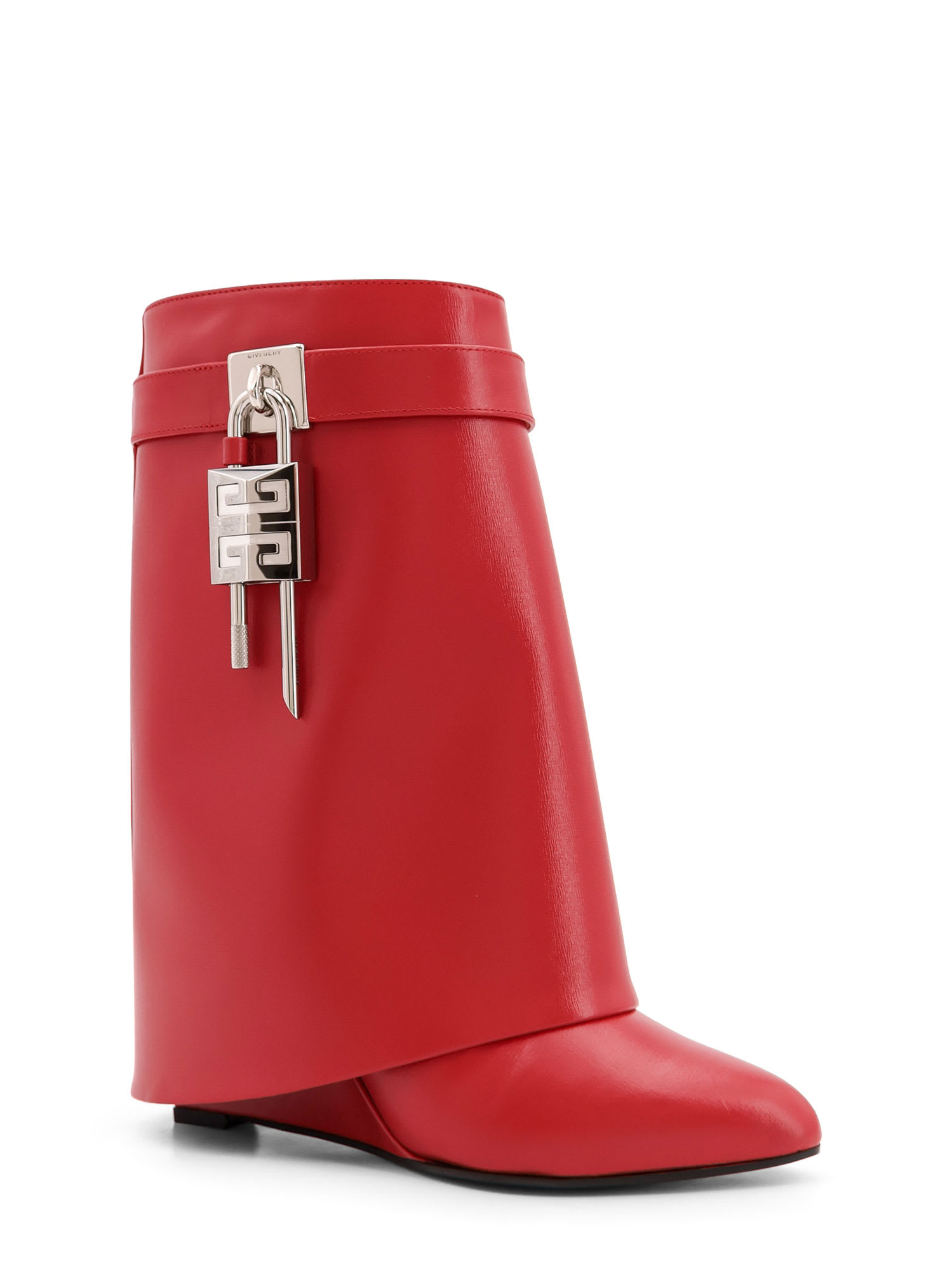 Shop Givenchy Shark Lock Leather Ankle Boots With Covered Wedge Heels In Red