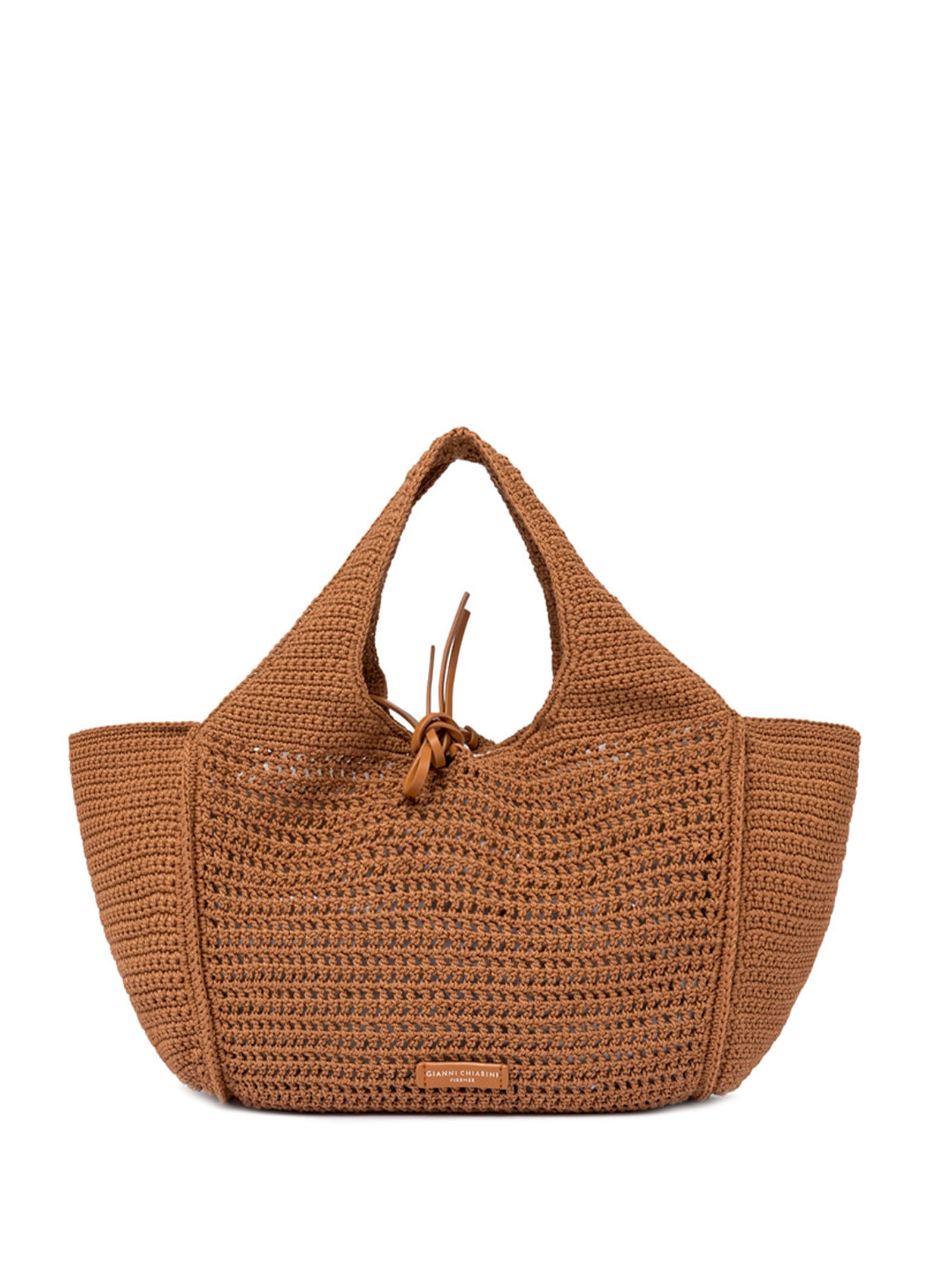 Shop Gianni Chiarini Euforia Leather Shopping Bag In Crochet Fabric In Copper