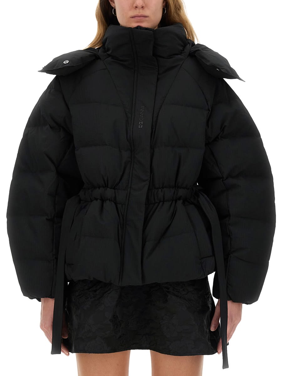 Ganni Oversized Seersucker Puffer Jacket With Removable Hood In Black