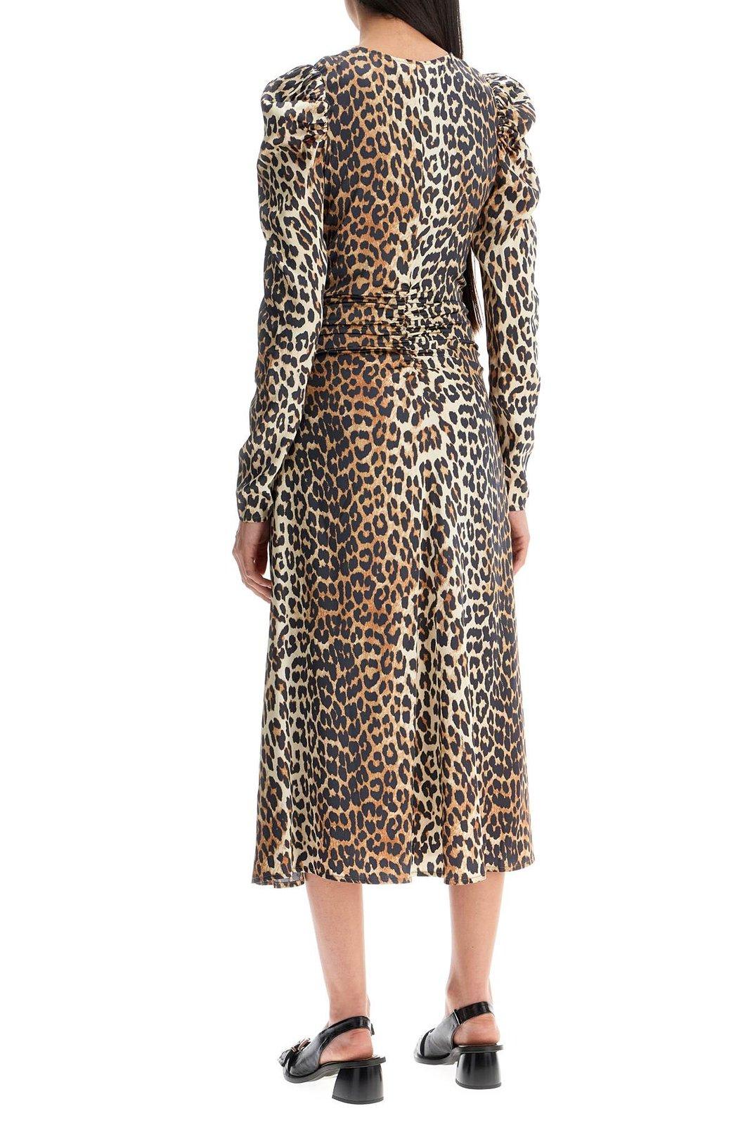 Ganni Leopard Print Midi Dress In Brown