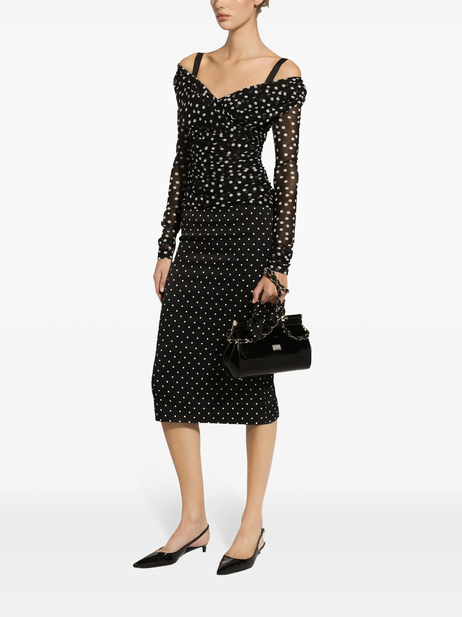 Dolce & Gabbana Stretch Tulle Top With Crossover Neckline And Polka Dot Print In White/black