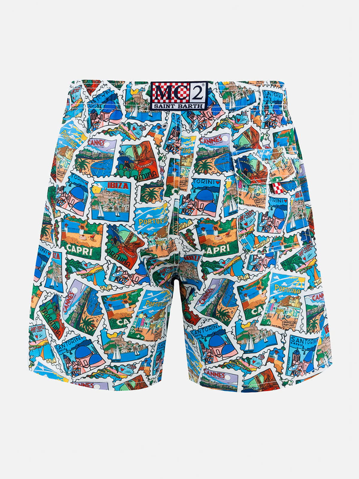 Shop Mc2 Saint Barth Man Mid-length Gustavia Swim-shorts With Postcard Mix Print Alessandro Enriquez Special Edition In White