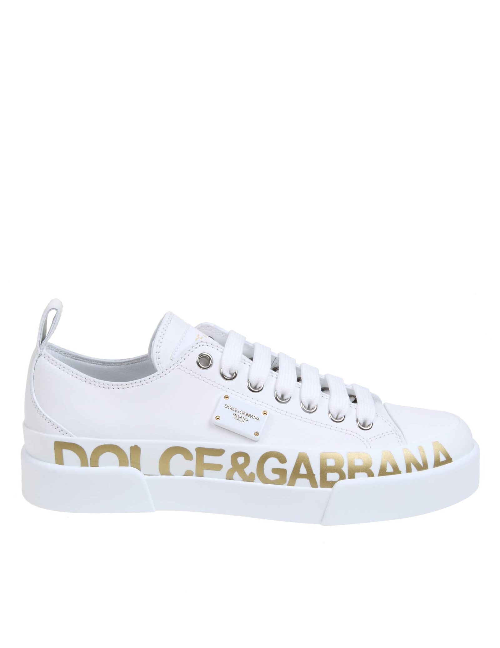 DOLCE & GABBANA SNEAKERS IN WHITE LEATHER WITH GOLD LOGO,CK1886 AO515 89642