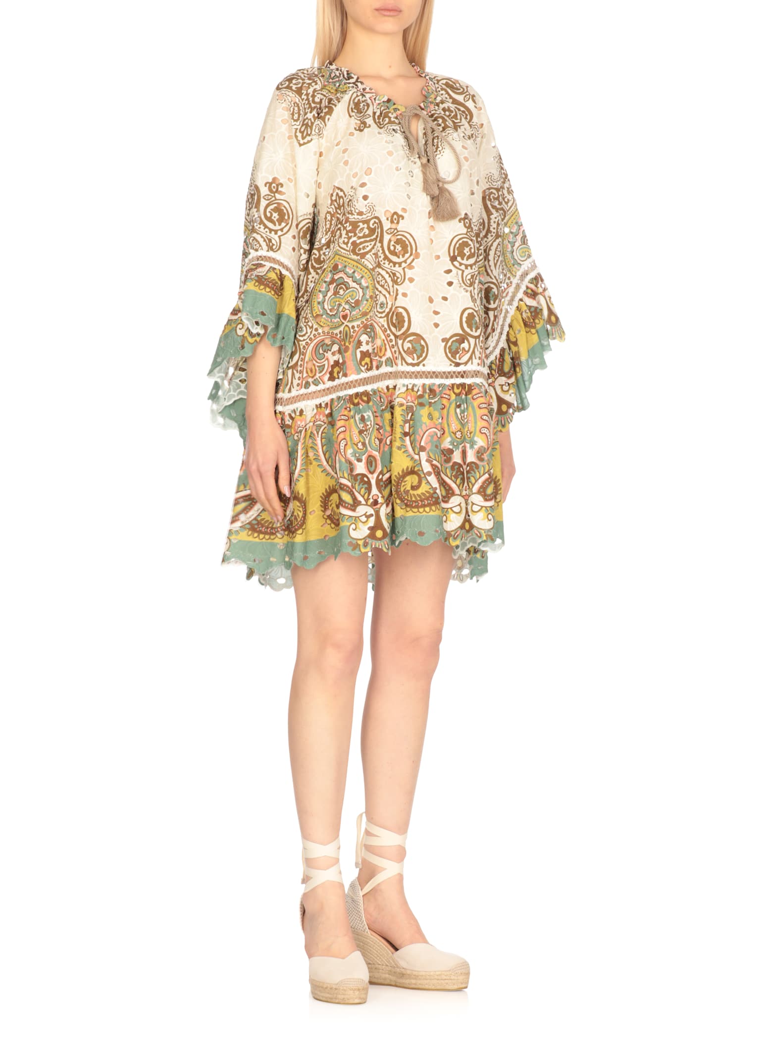 Miss Bikini Ivory Cotton Caftan With Floral Perforations In Multi