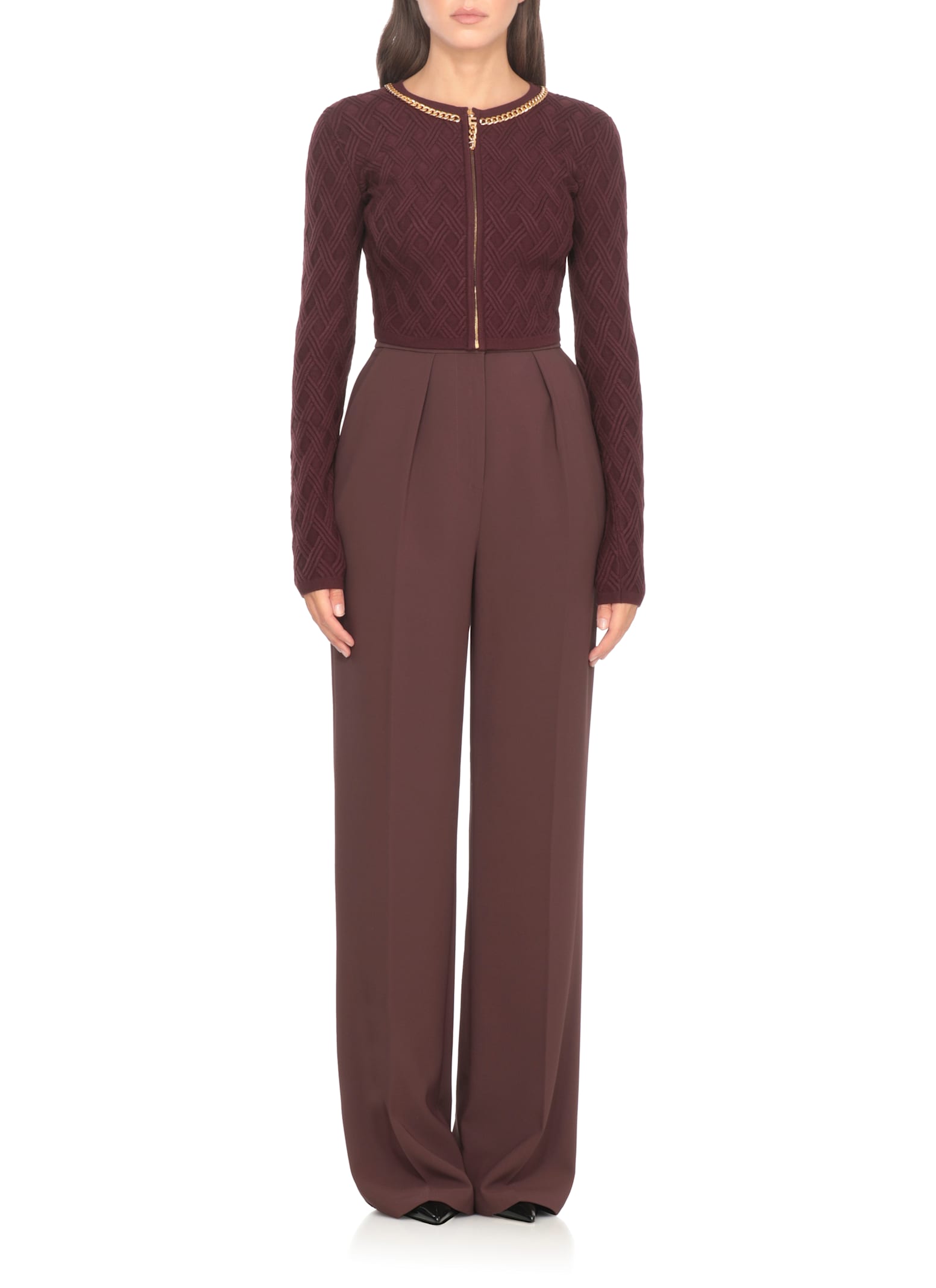 Elisabetta Franchi Bordeaux Textured Geometric Pattern Cardigan In Burgundy