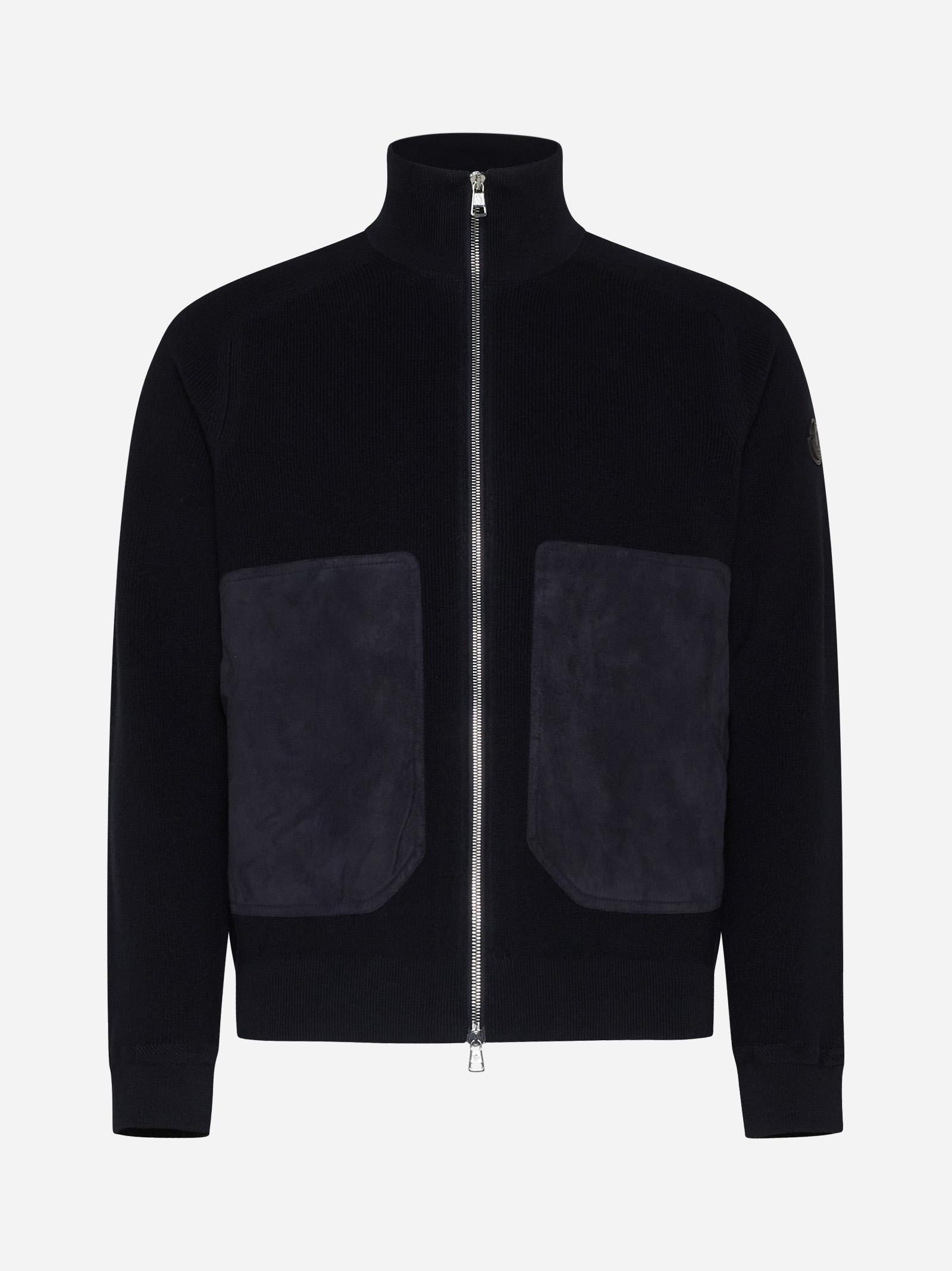 Shop Moncler Knit And Suede Cardigan In Navy