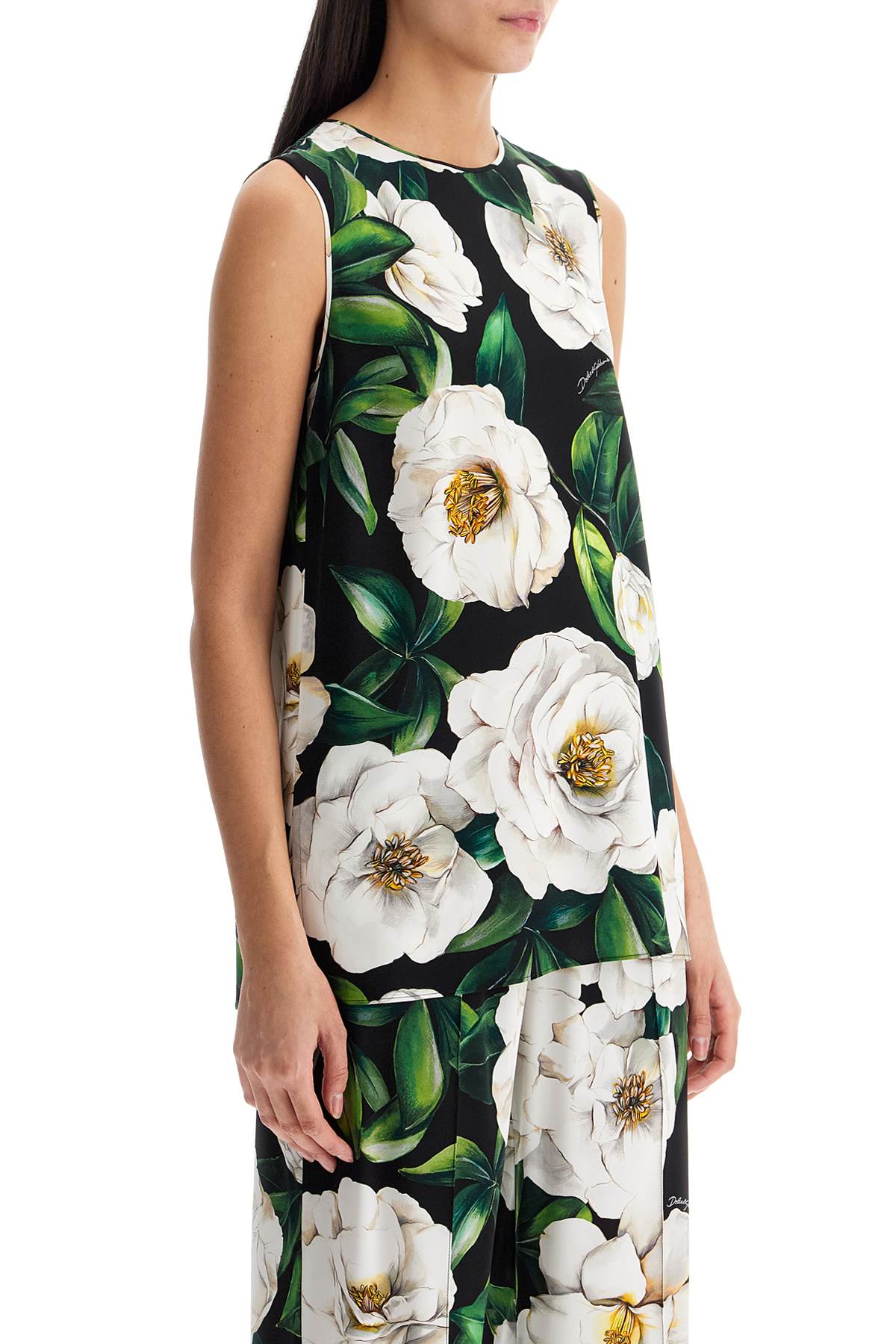 Dolce & Gabbana Gardenia Print Stretch Silk Charmeuse Sleeveless Top In Gardenia F.nero (black)