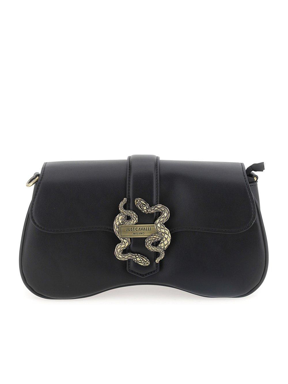 Shop Just Cavalli Metallic Snake-detailed Foldover Top Crossbody Bag In Black