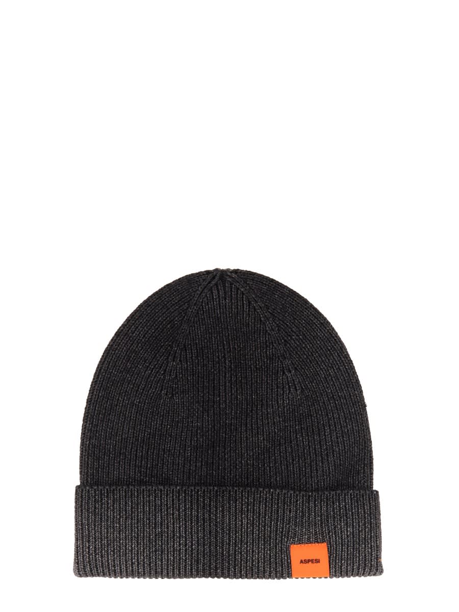 Shop Aspesi Beanie Hat With Logo In Grey