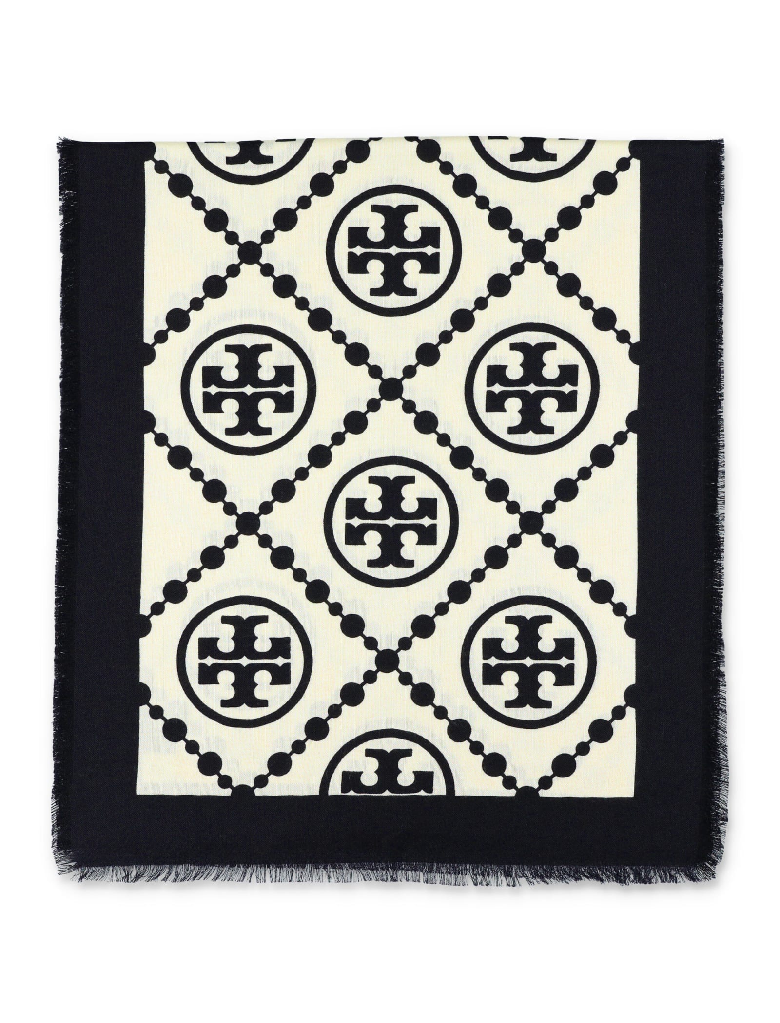 Shop Tory Burch T Monogram Bordered Oblong Scarf In T Monogram Bordered Oblong - Black