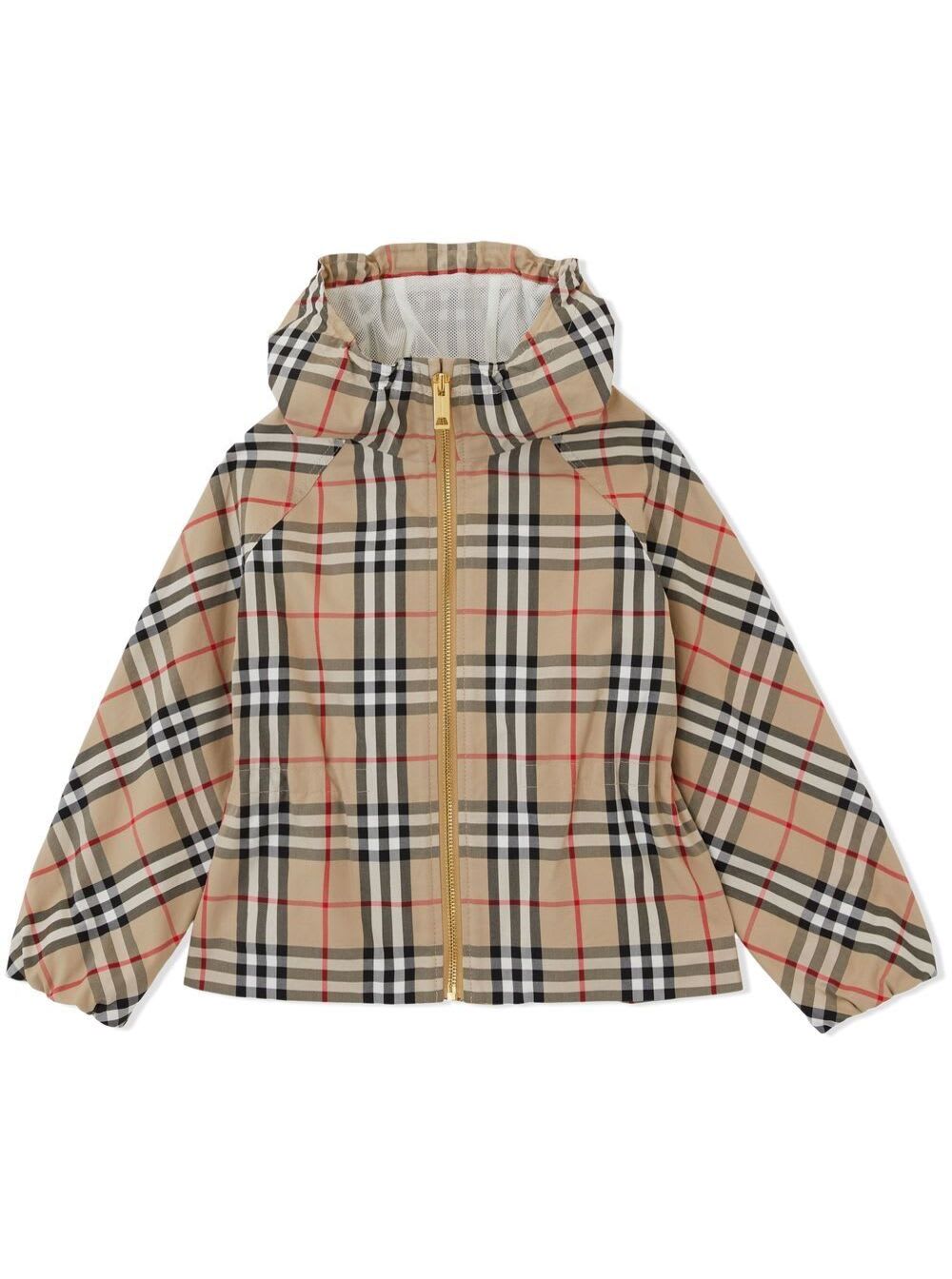 BURBERRY BEIGE HOODED JACKET WITH VINTAGE CHECK MOTIF IN COTTON KIDS