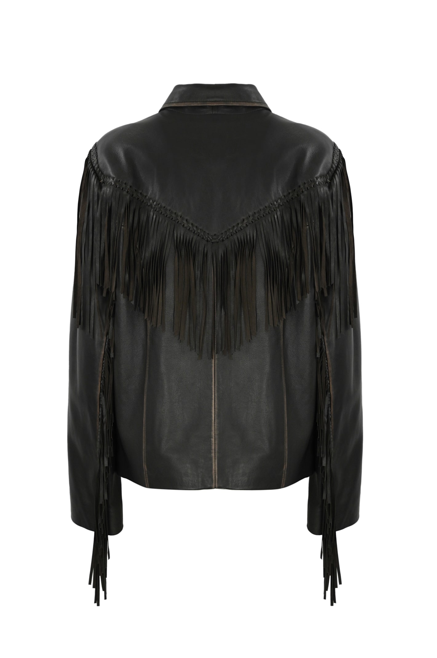 Shop Weekend Max Mara Eracle Leather Effect Jacket With Fringes In Testa Di Moro