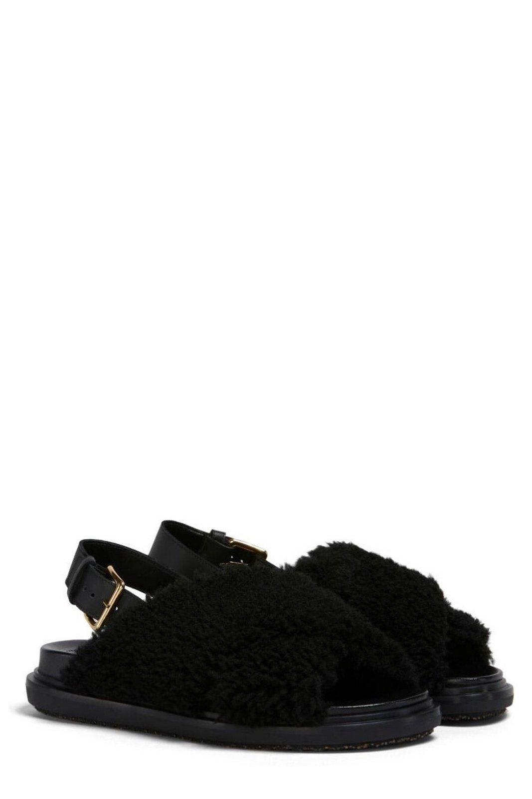 Shop Marni Buckle Detailed Fluffy Sandals In Black