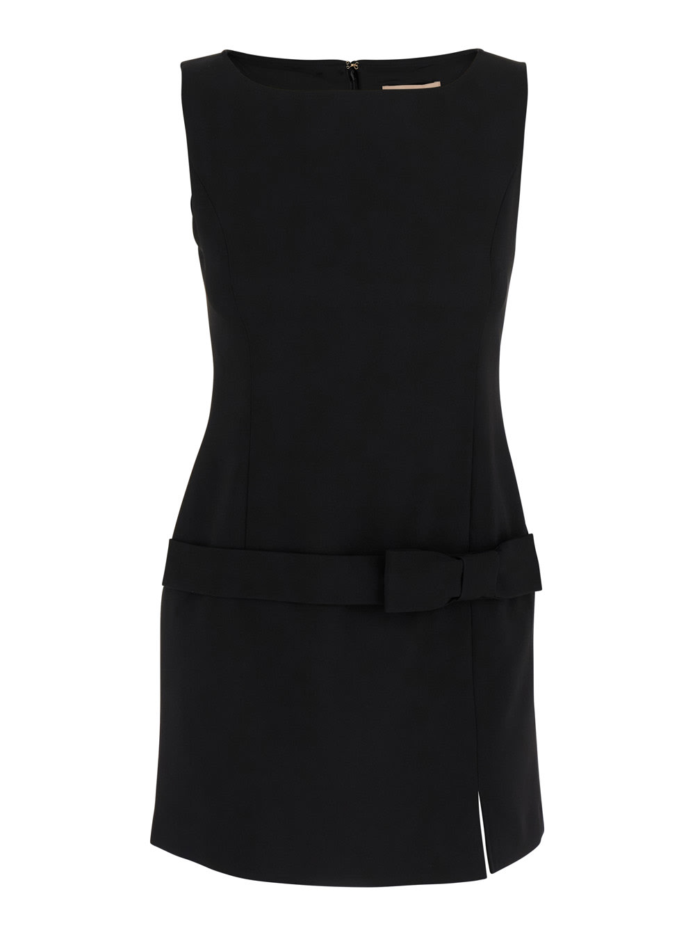 Twinset Black Crewneck Mini Dress With Bow Detail On The Front And Logo Plaque On The Rear In Tech Fabric St In Black