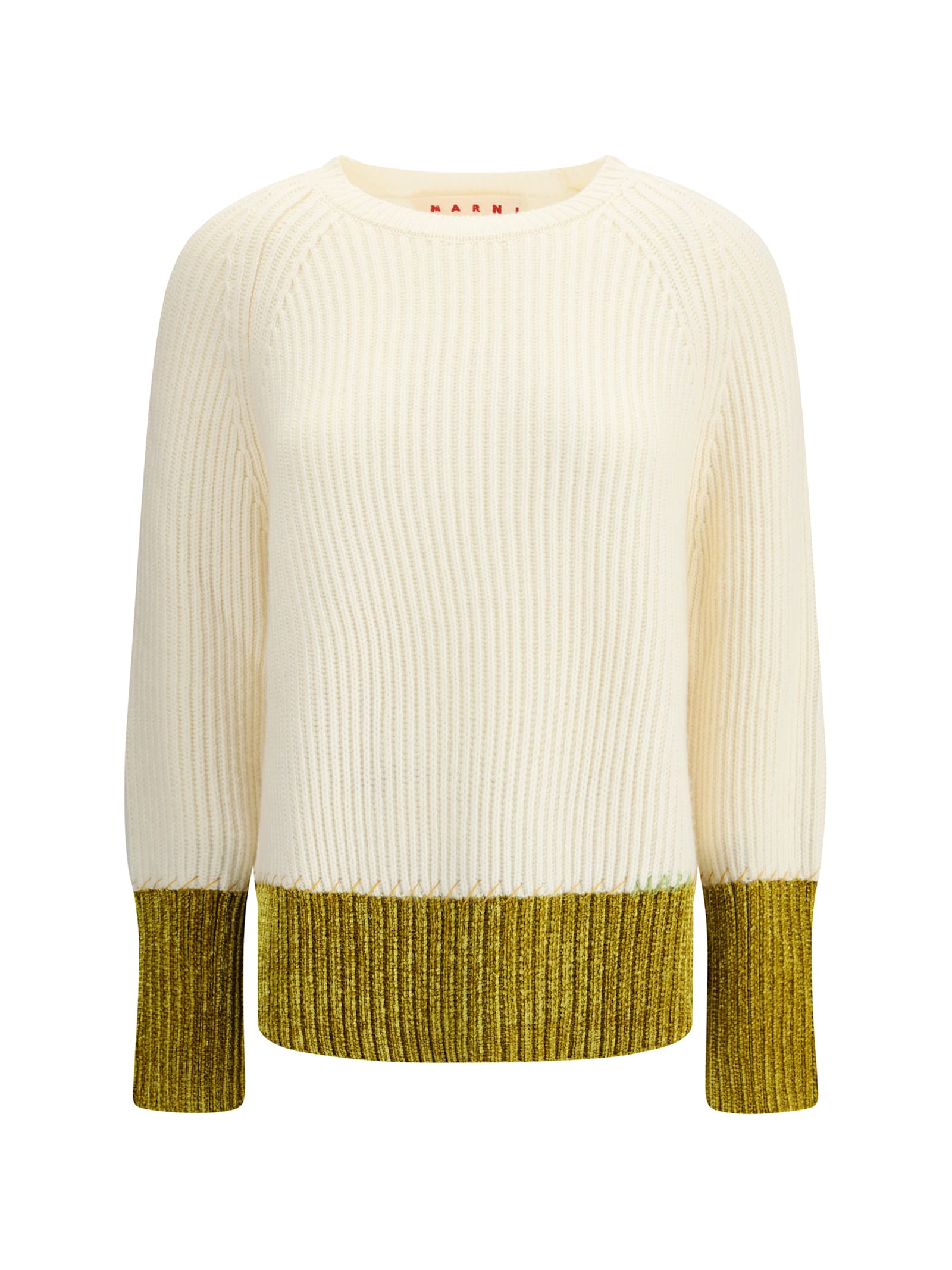 Marni Relaxed Fit Roundneck Knit Sweater With Ribbed Texture In Neutral